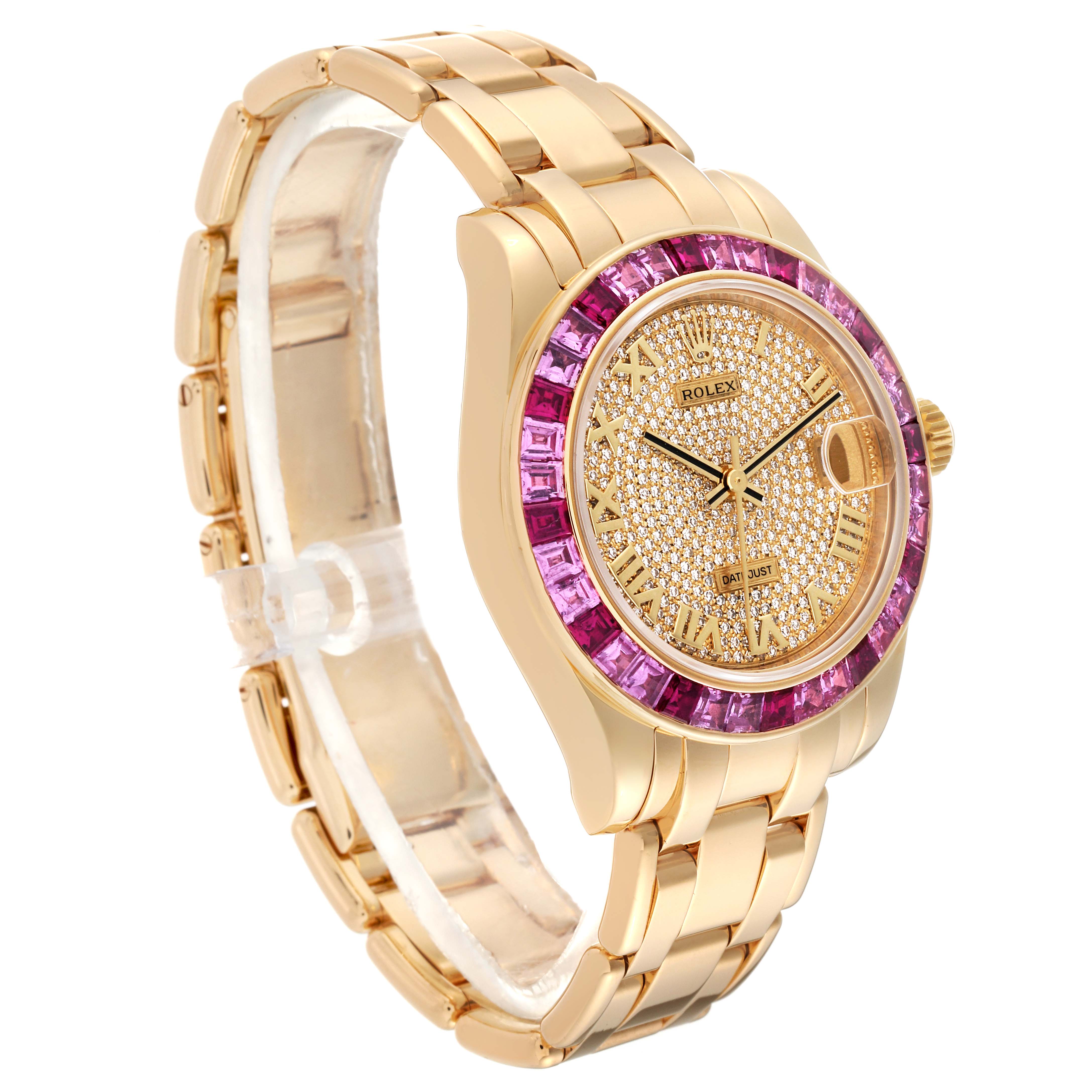 The image shows a Rolex Pearlmaster 81348SARO Women's Yellow Gold Champagne Dial 81348SARO Women's Yellow Gold Champagne Dial watch angled from the front-left, highlighting its gold band and gemstone-embellished dial.