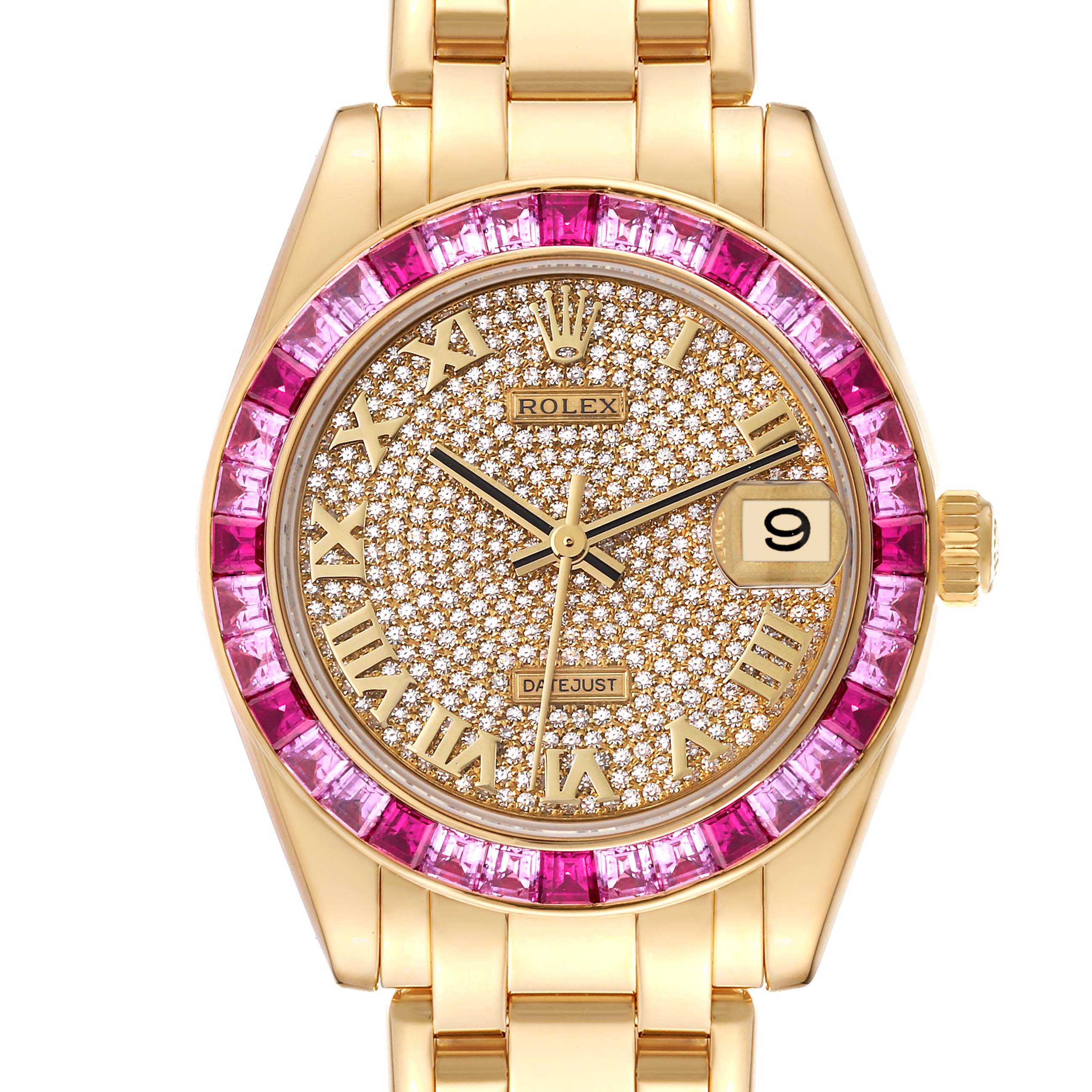 This image shows a front view of the Rolex Pearlmaster 81348SARO Women's Yellow Gold Champagne Dial 81348SARO Women's Yellow Gold Champagne Dial watch, showcasing the dial, bezel, and part of the bracelet.