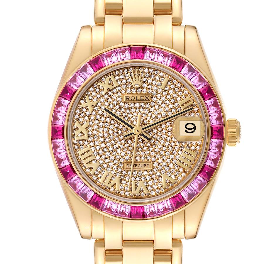 Rolex Pearlmaster Yellow Gold Pave Dial Sapphire Bezel Ladies Watch 81348 Card SwissWatchExpo