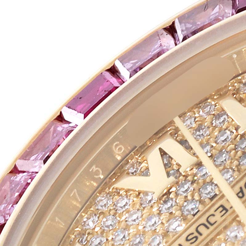The close-up image shows the bezel with pink gemstones and part of the diamond-studded dial of the Rolex Pearlmaster 81348SARO Women's Yellow Gold Champagne Dial 81348SARO Women's Yellow Gold Champagne Dial watch.