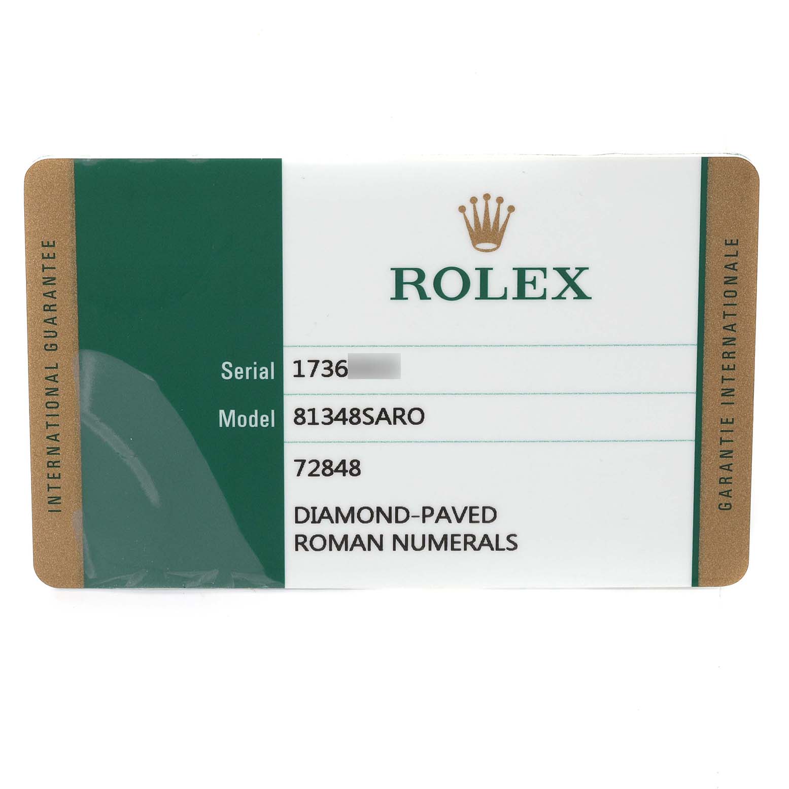 The image shows a Rolex international guarantee card for the Pearlmaster model.