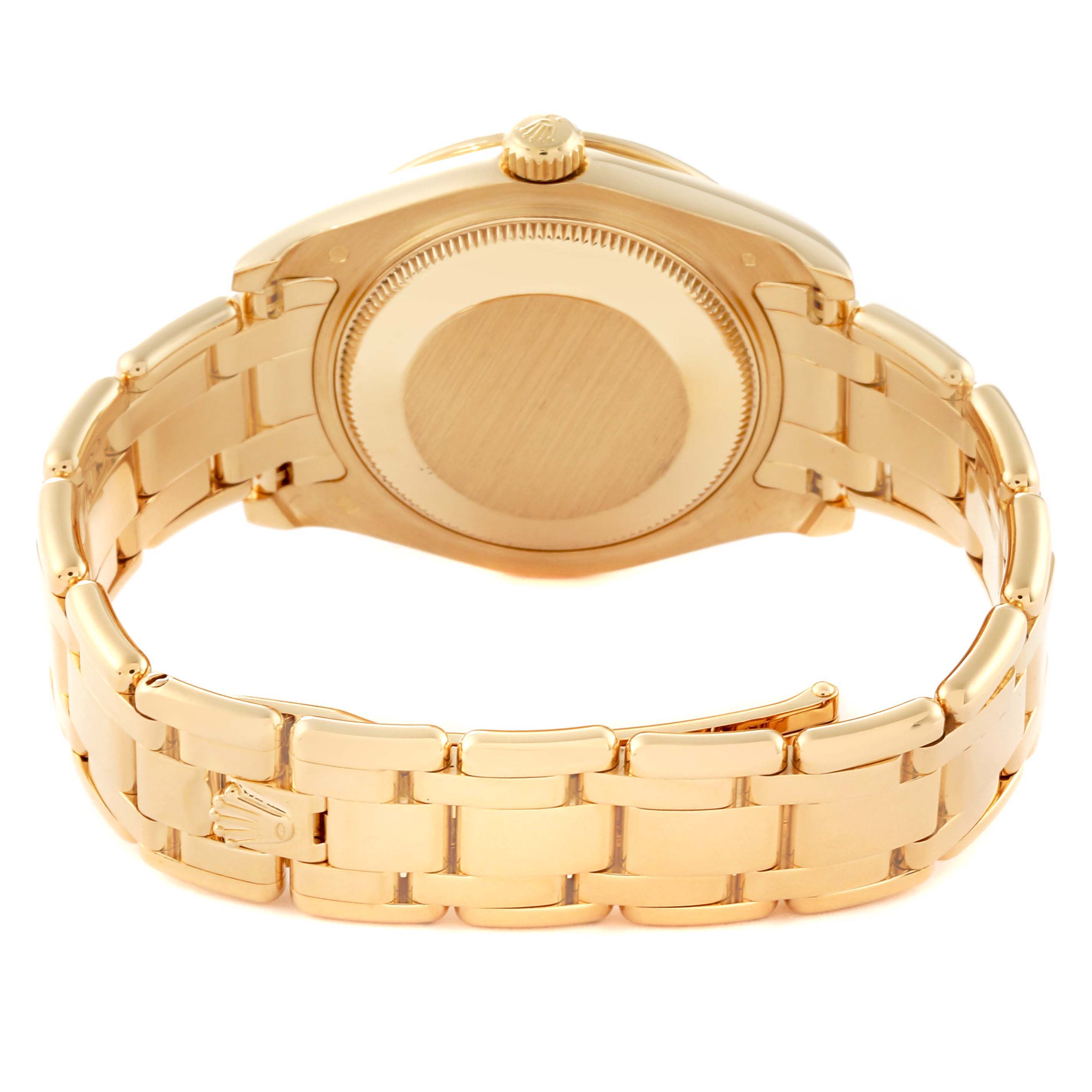 This image shows the back view of the Rolex Pearlmaster 81348SARO Women's Yellow Gold Champagne Dial 81348SARO Women's Yellow Gold Champagne Dial, featuring the case back and bracelet.