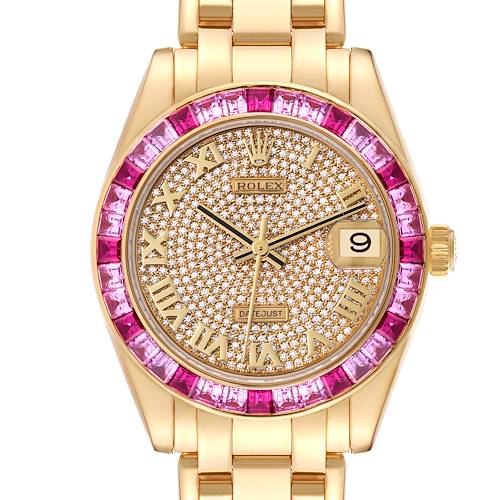Photo of Rolex Pearlmaster Yellow Gold Pave Dial Sapphire Bezel Ladies Watch 81348 Card