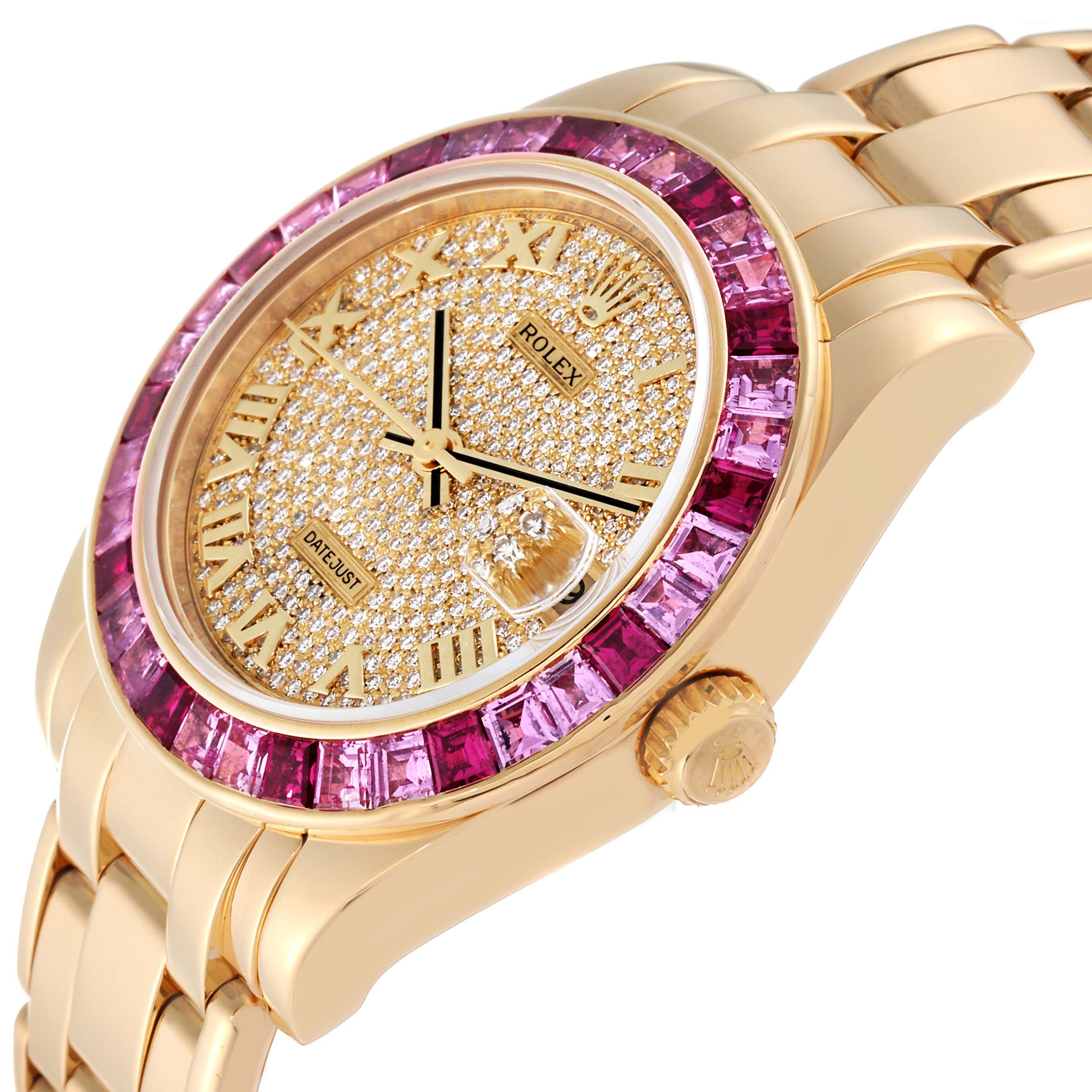 This image shows a Rolex Pearlmaster 81348SARO Women's Yellow Gold Champagne Dial 81348SARO Women's Yellow Gold Champagne Dial watch, angled to display the face, bezel, bracelet, and crown.