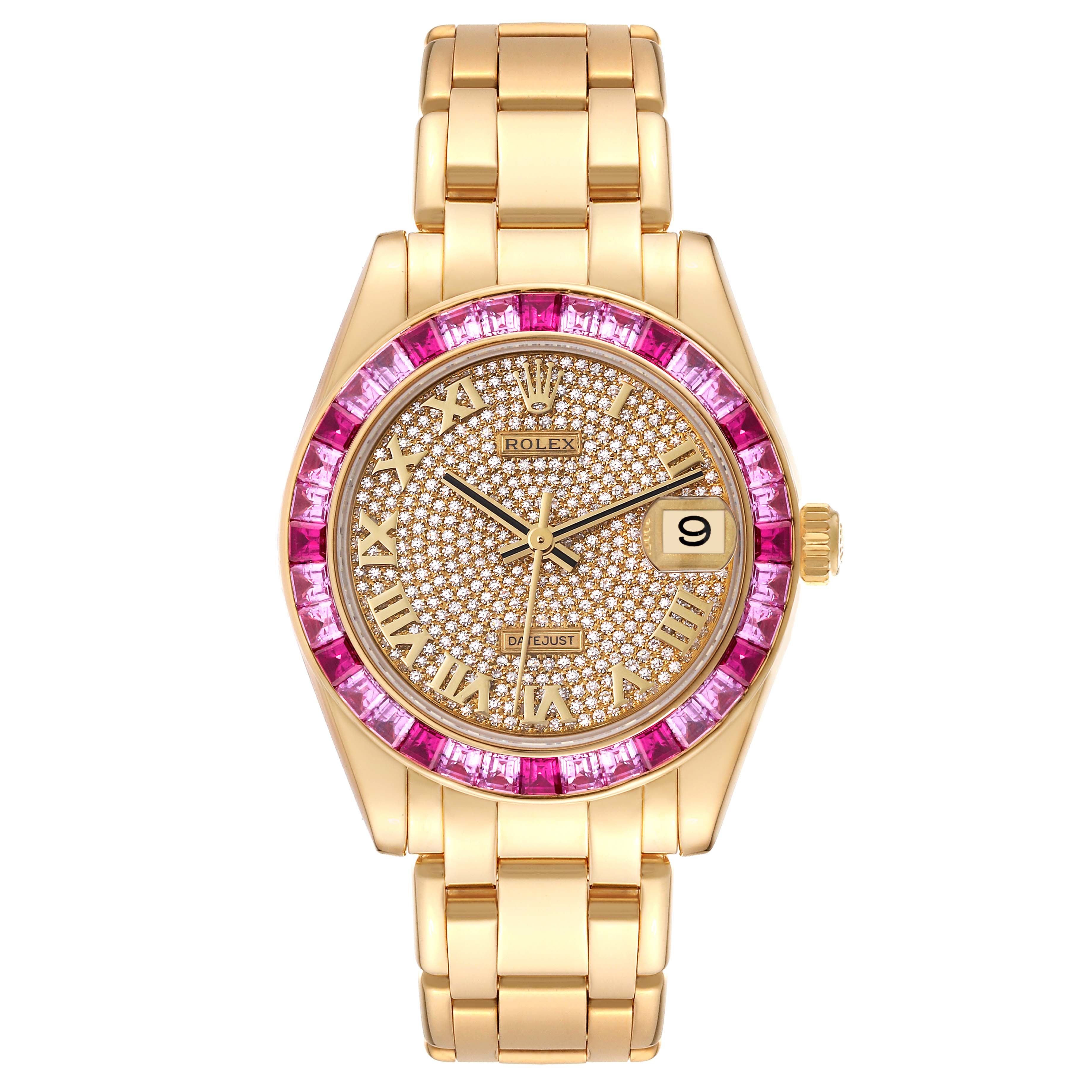This image shows a front view of the Rolex Pearlmaster 81348SARO Women's Yellow Gold Champagne Dial 81348SARO Women's Yellow Gold Champagne Dial watch, highlighting its gold bracelet, diamond-studded face, and pink gem-set bezel.