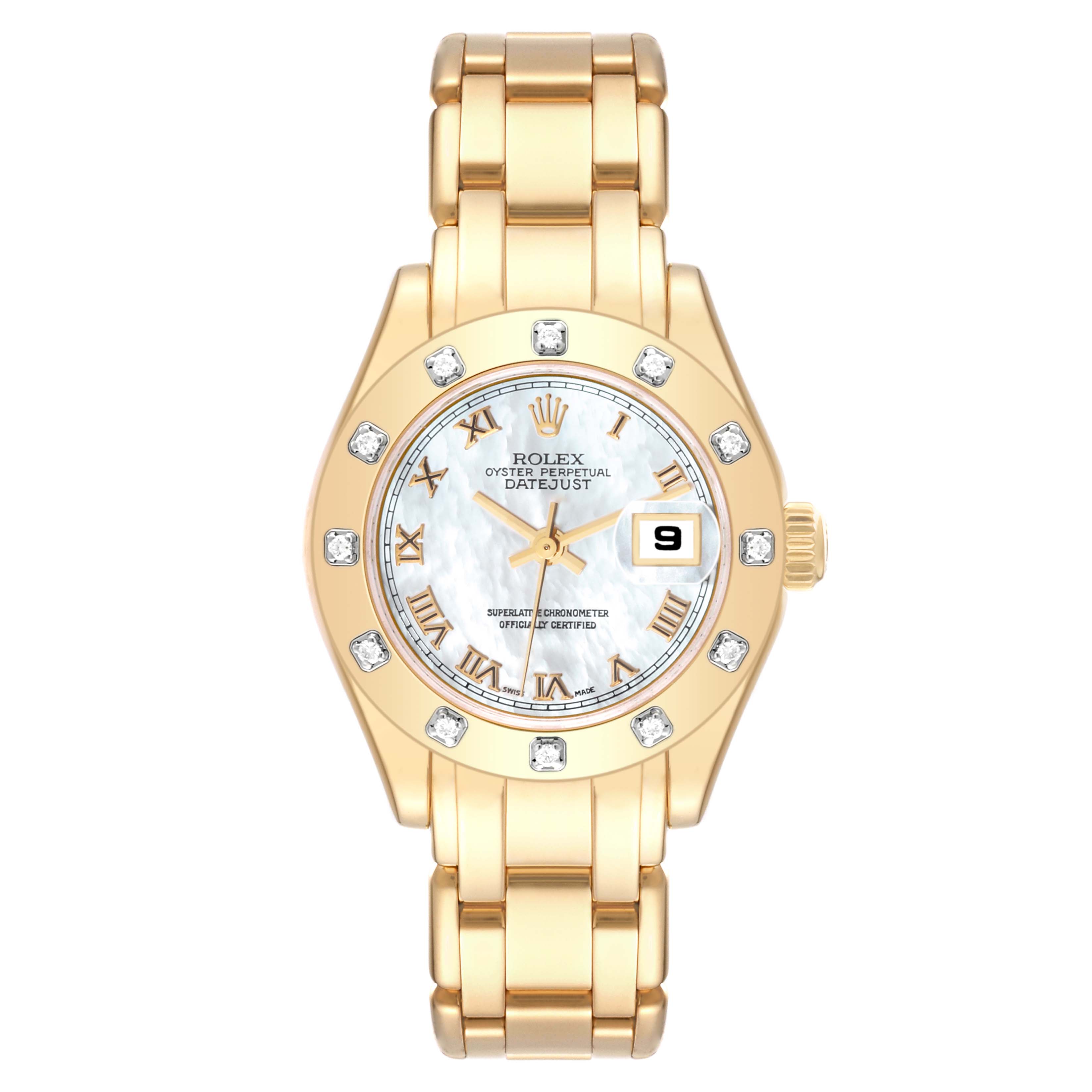 The image shows a front view of the Rolex Pearlmaster 80318 Women's Yellow Gold Mother of Pearl Dial 80318 Women's Yellow Gold Mother of Pearl Dial watch, featuring a gold bracelet, diamond-accented bezel, and a date display.