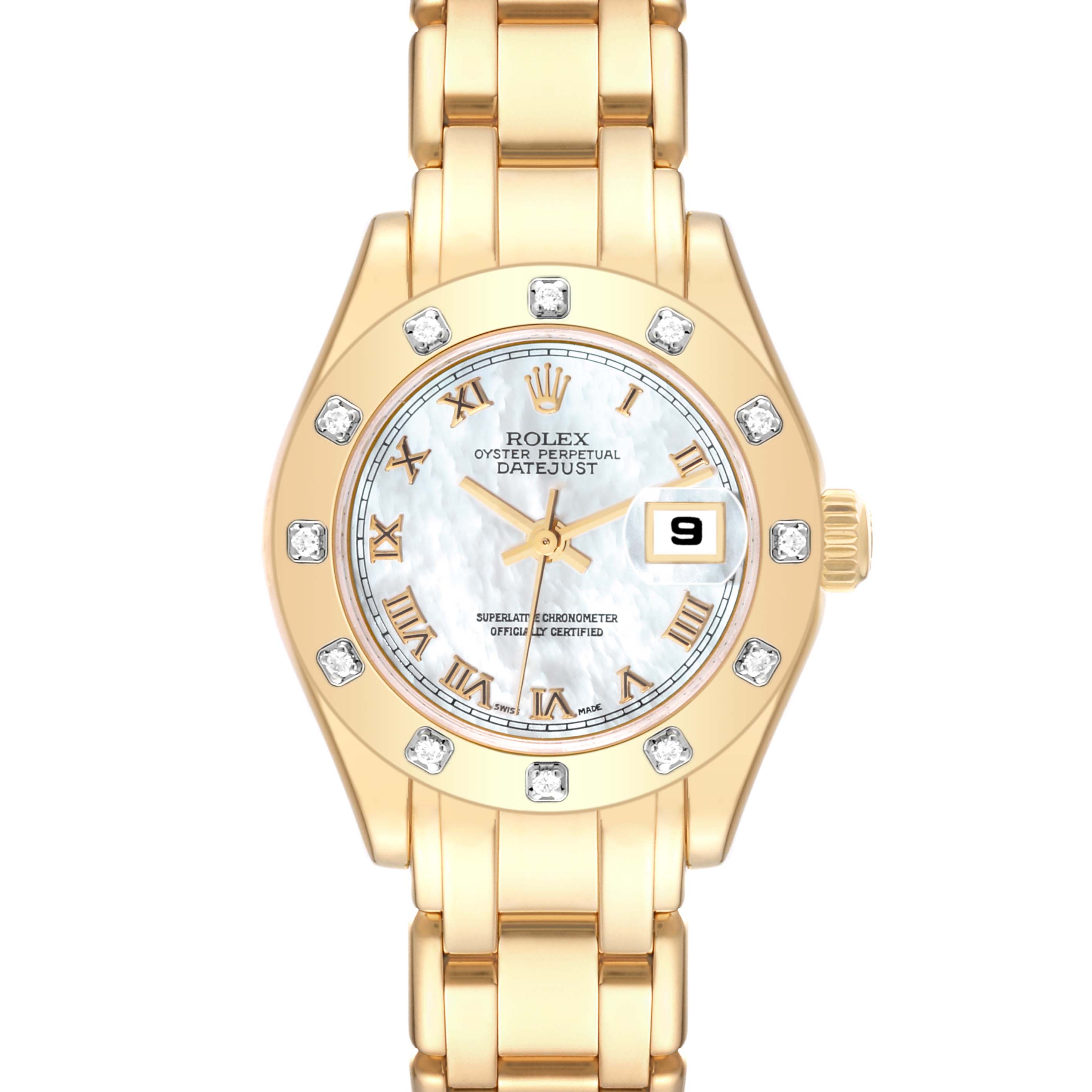 This image shows a front view of the Rolex Pearlmaster 80318 Women's Yellow Gold Mother of Pearl Dial 80318 Women's Yellow Gold Mother of Pearl Dial watch, highlighting the dial, bezel, and bracelet.