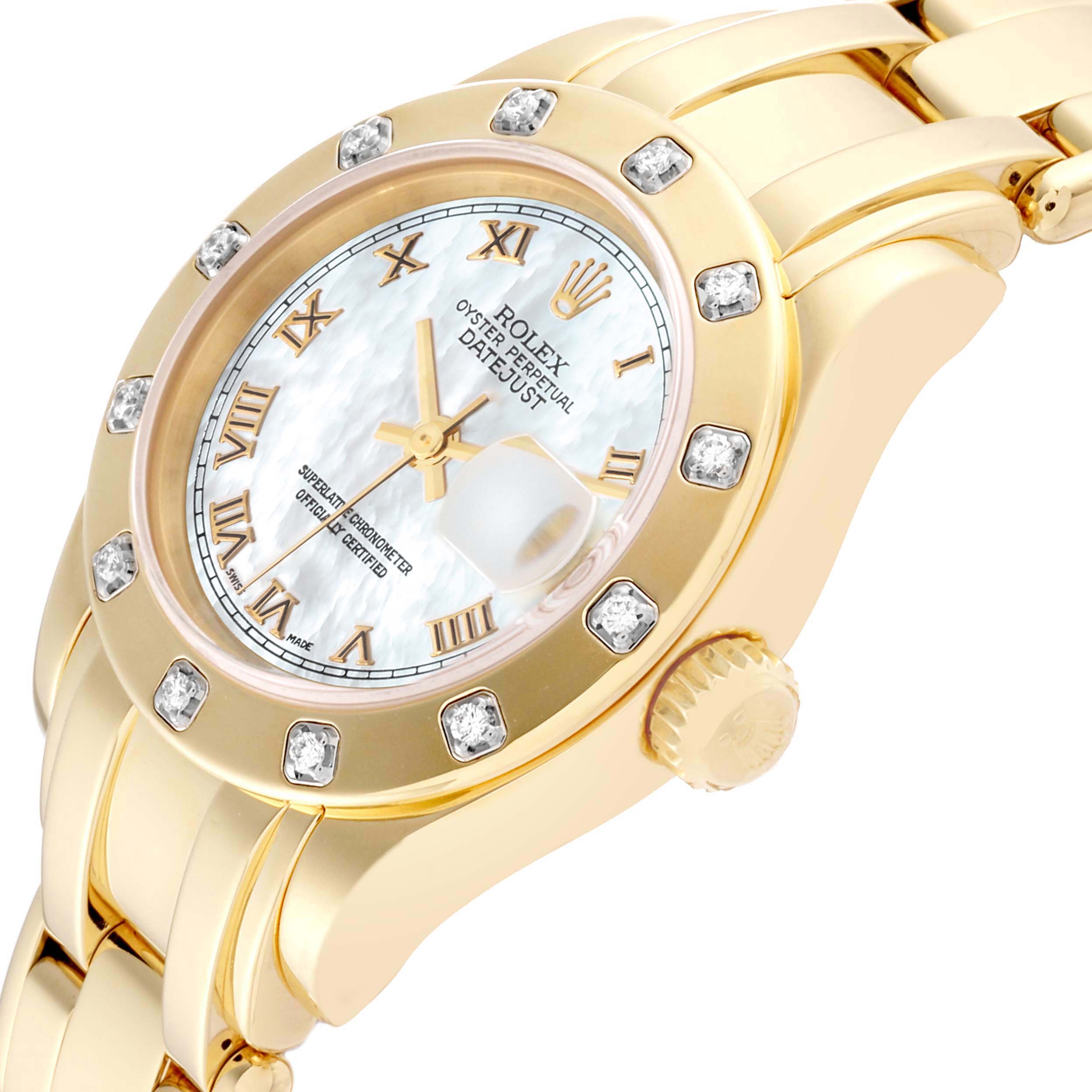 The image shows a close-up of the dial, bezel, and part of the bracelet of a Rolex Pearlmaster 80318 Women's Yellow Gold Mother of Pearl Dial 80318 Women's Yellow Gold Mother of Pearl Dial watch at an angled view.