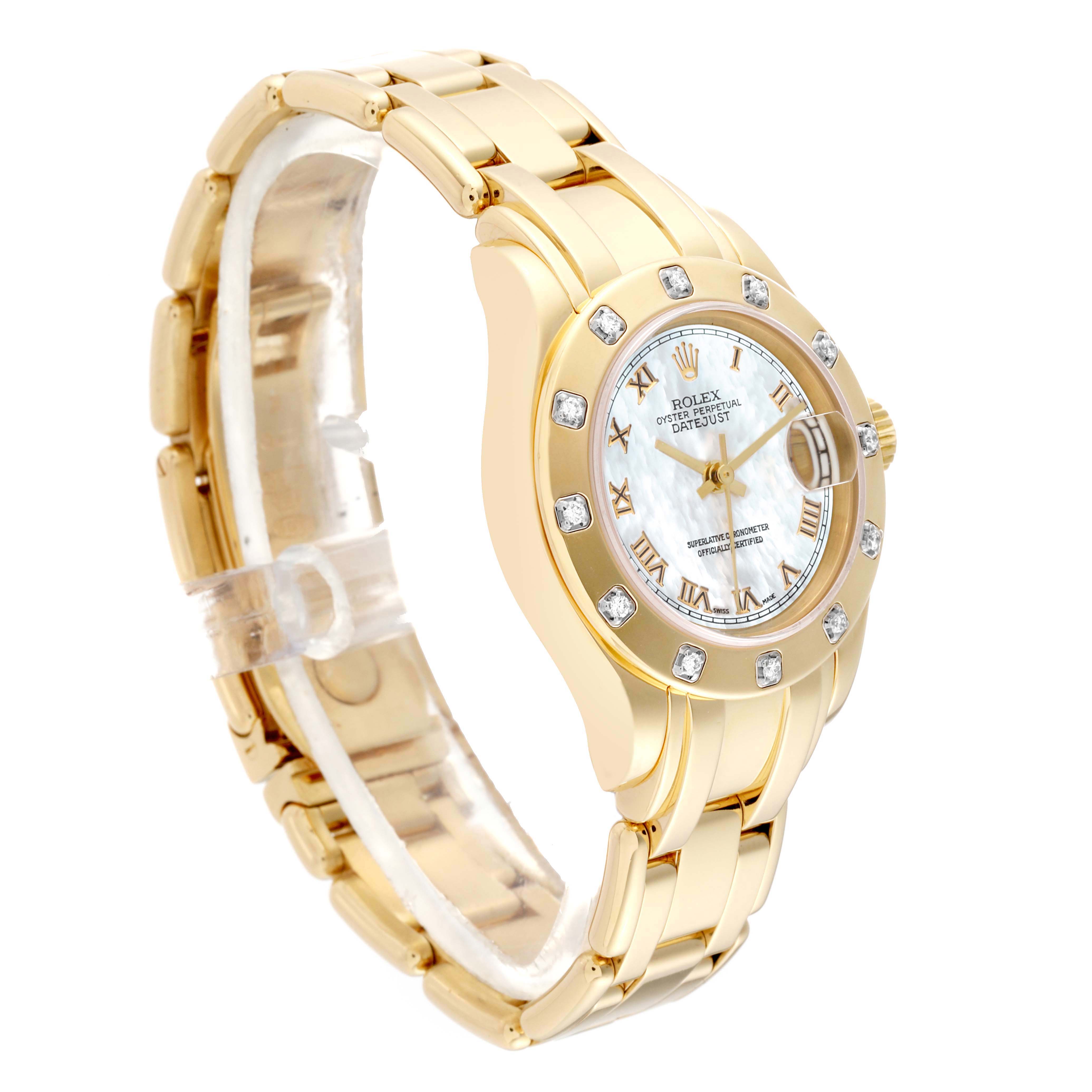 The image shows an angled view of a Rolex Pearlmaster 80318 Women's Yellow Gold Mother of Pearl Dial 80318 Women's Yellow Gold Mother of Pearl Dial watch, highlighting its gold bracelet, diamond-studded bezel, and mother-of-pearl dial.
