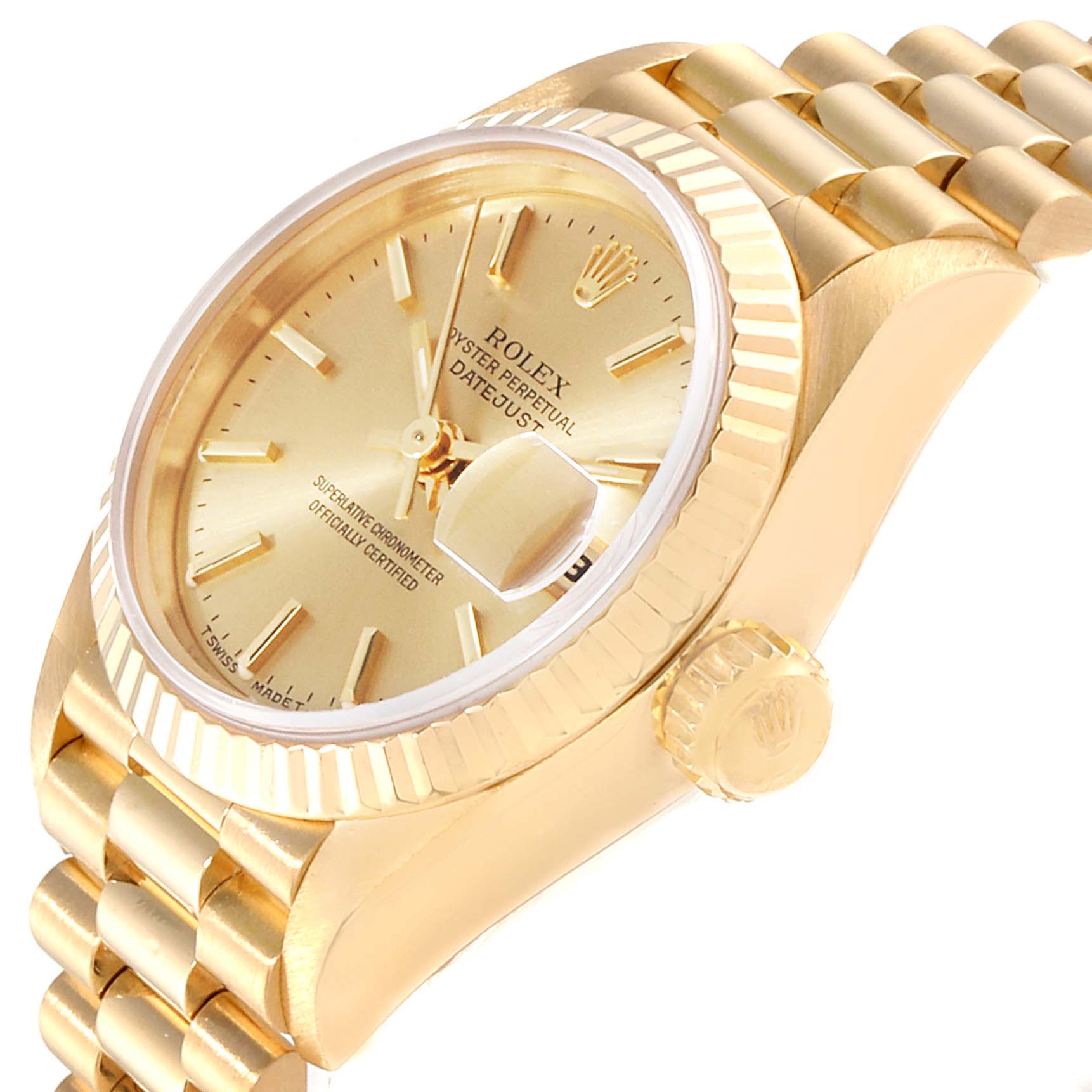 This image shows a side angle of the Rolex President 69178 Women
s Yellow Gold Champagne Dial 69178 Women
s Yellow Gold Champagne Dial model, highlighting the dial, bezel, crown, and part of the bracelet.