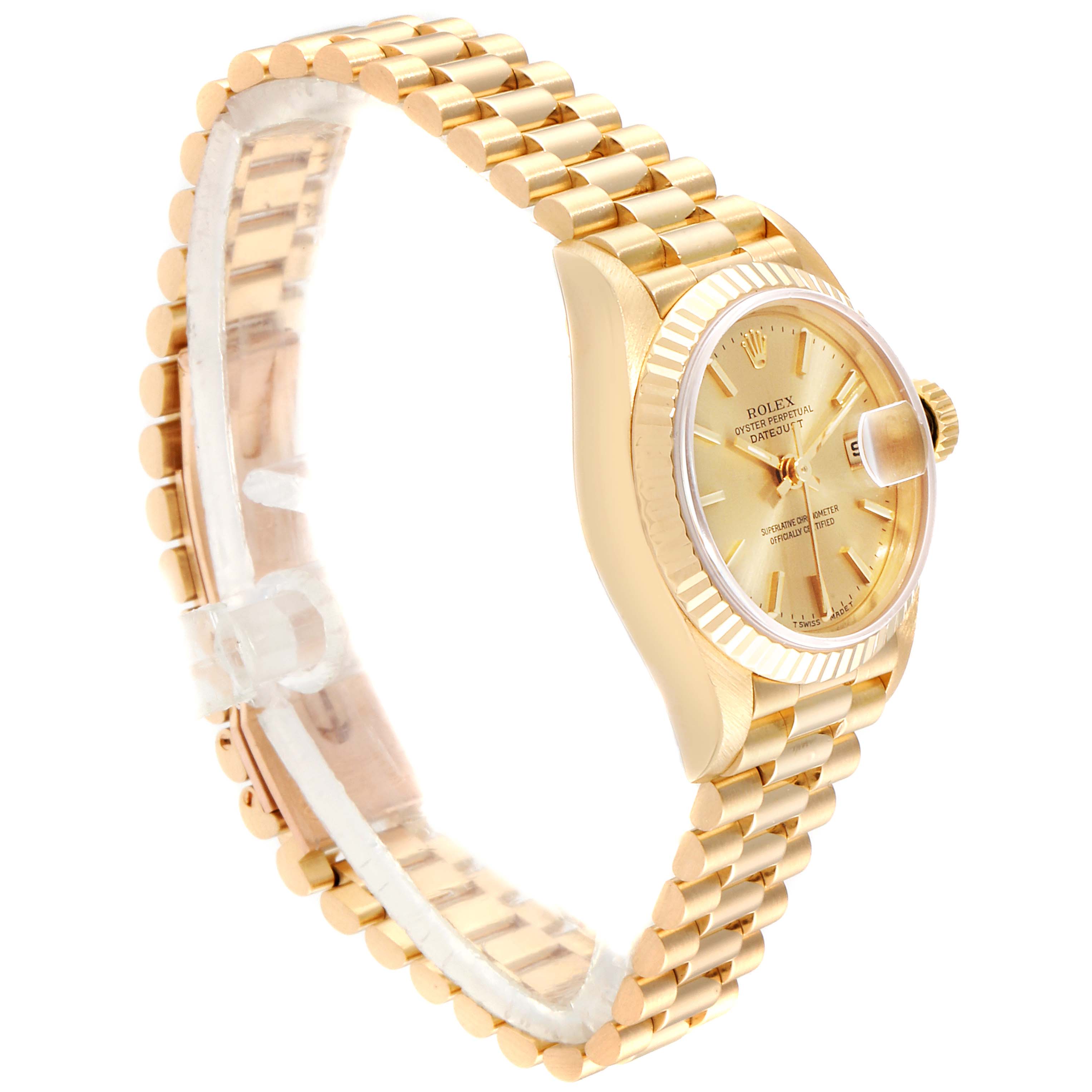 The image shows a Rolex President 69178 Women
s Yellow Gold Champagne Dial 69178 Women
s Yellow Gold Champagne Dial model watch from a side angle, highlighting its gold bracelet and face.