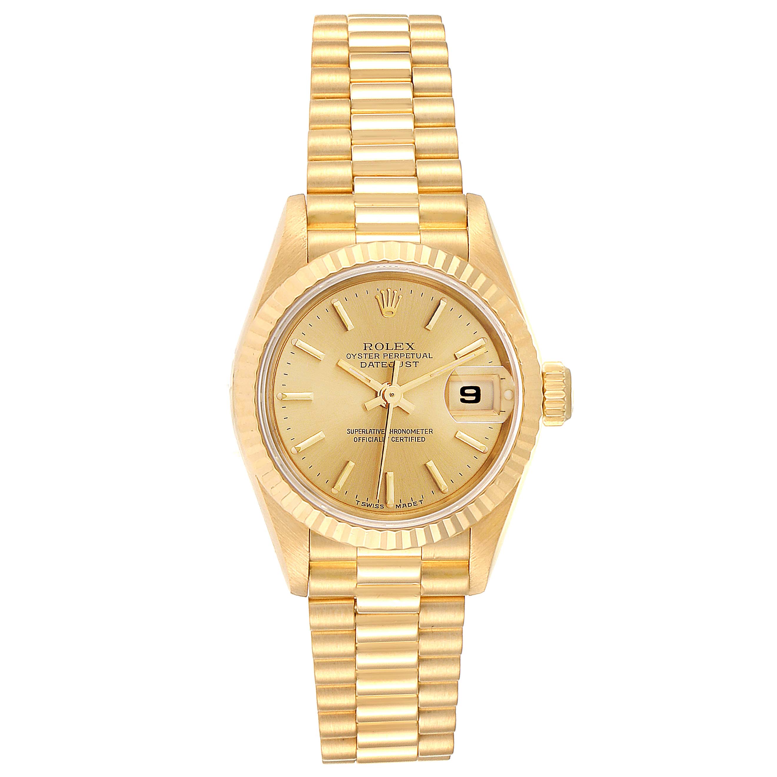 This image shows a Rolex President 69178 Women
s Yellow Gold Champagne Dial 69178 Women
s Yellow Gold Champagne Dial model watch, focusing on the dial, bezel, and bracelet from a straight-on angle.