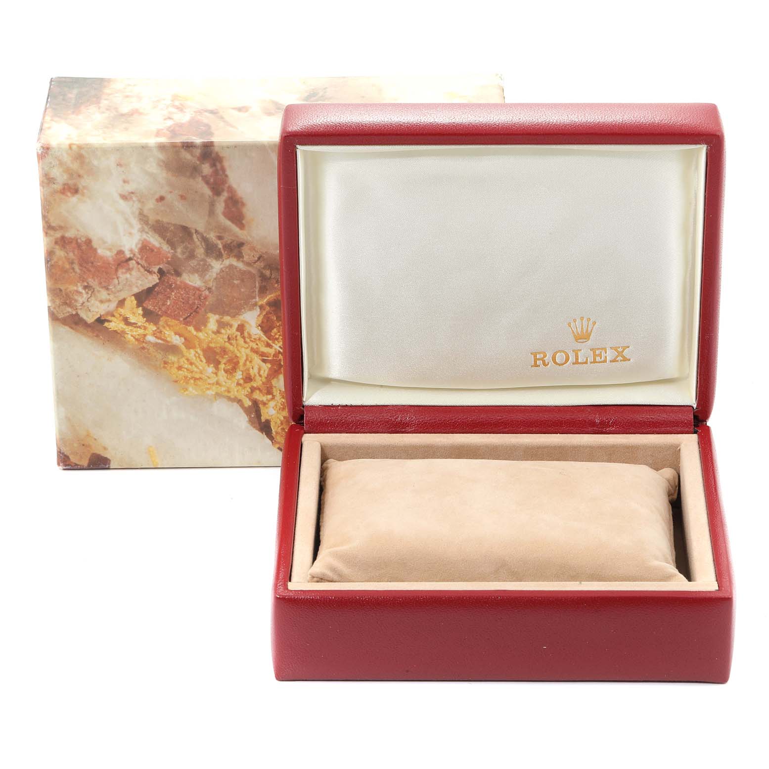 The image shows an open Rolex President 69178 Women
s Yellow Gold Champagne Dial 69178 Women
s Yellow Gold Champagne Dial model watch box with an outer box in the background.