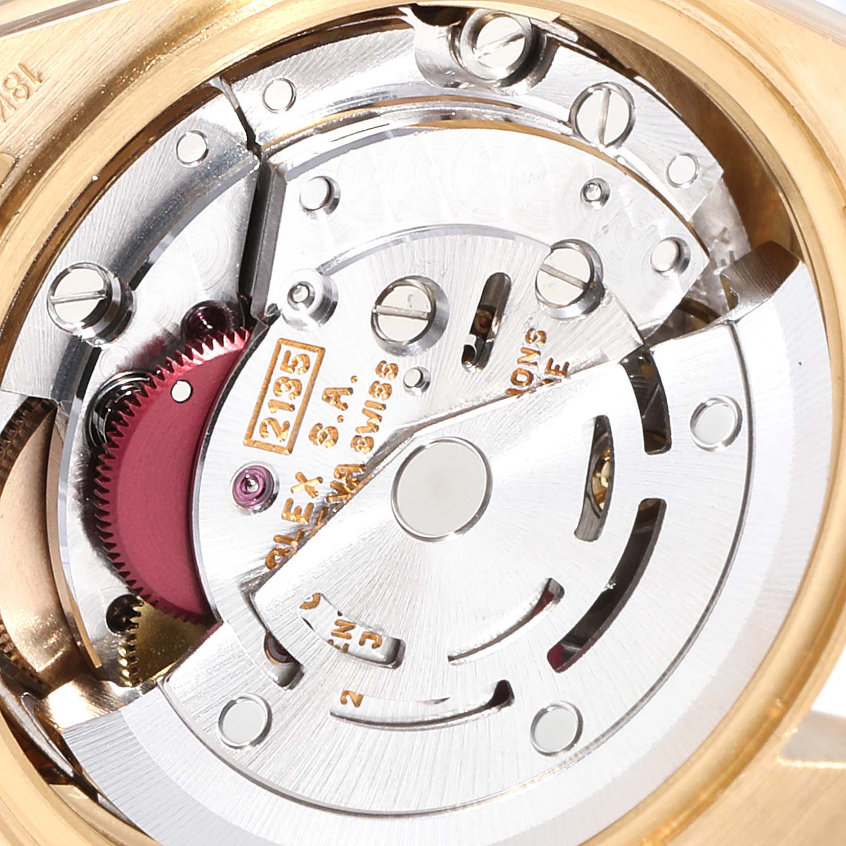 This image shows the internal mechanism of a Rolex President 69178 Women
s Yellow Gold Champagne Dial 69178 Women
s Yellow Gold Champagne Dial model watch from a close-up angle.