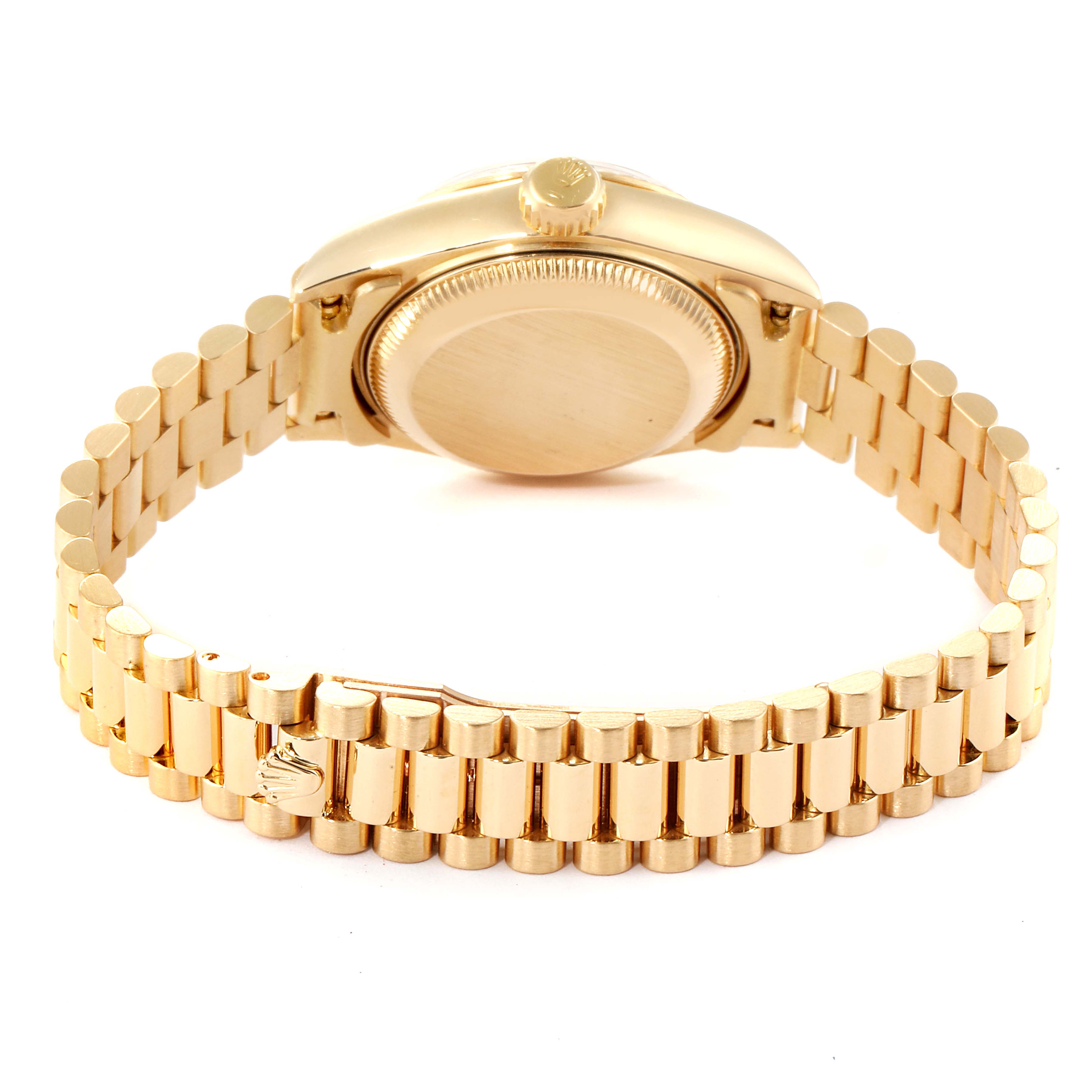 The image shows the back view of a Rolex President 69178 Women
s Yellow Gold Champagne Dial 69178 Women
s Yellow Gold Champagne Dial model watch, highlighting the case back, crown, and bracelet.