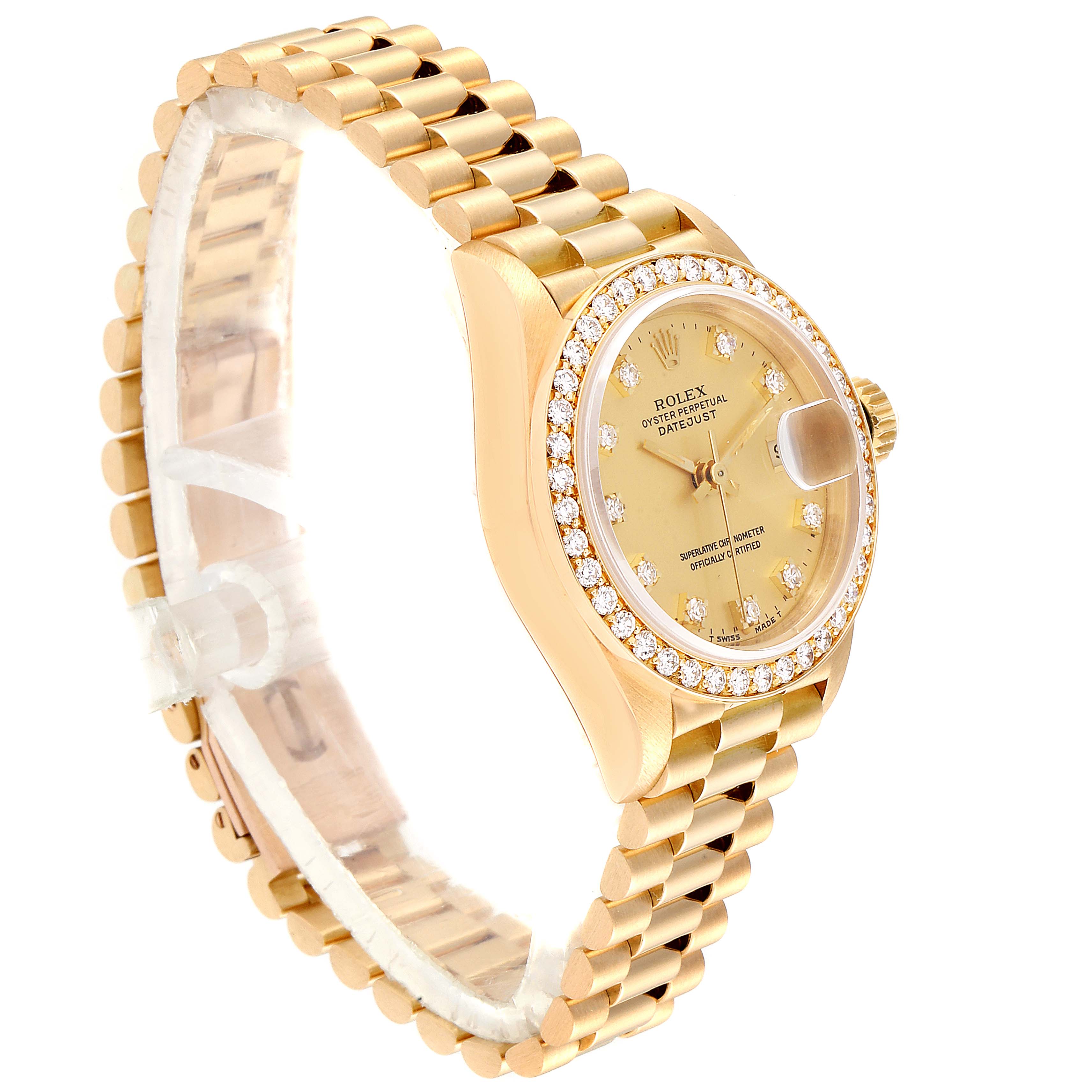 The image shows a Rolex President 69138 Women
s Yellow Gold Champagne Dial 69138 Women
s Yellow Gold Champagne Dial model watch from an angled side view, highlighting the bracelet, dial, and diamond bezel.