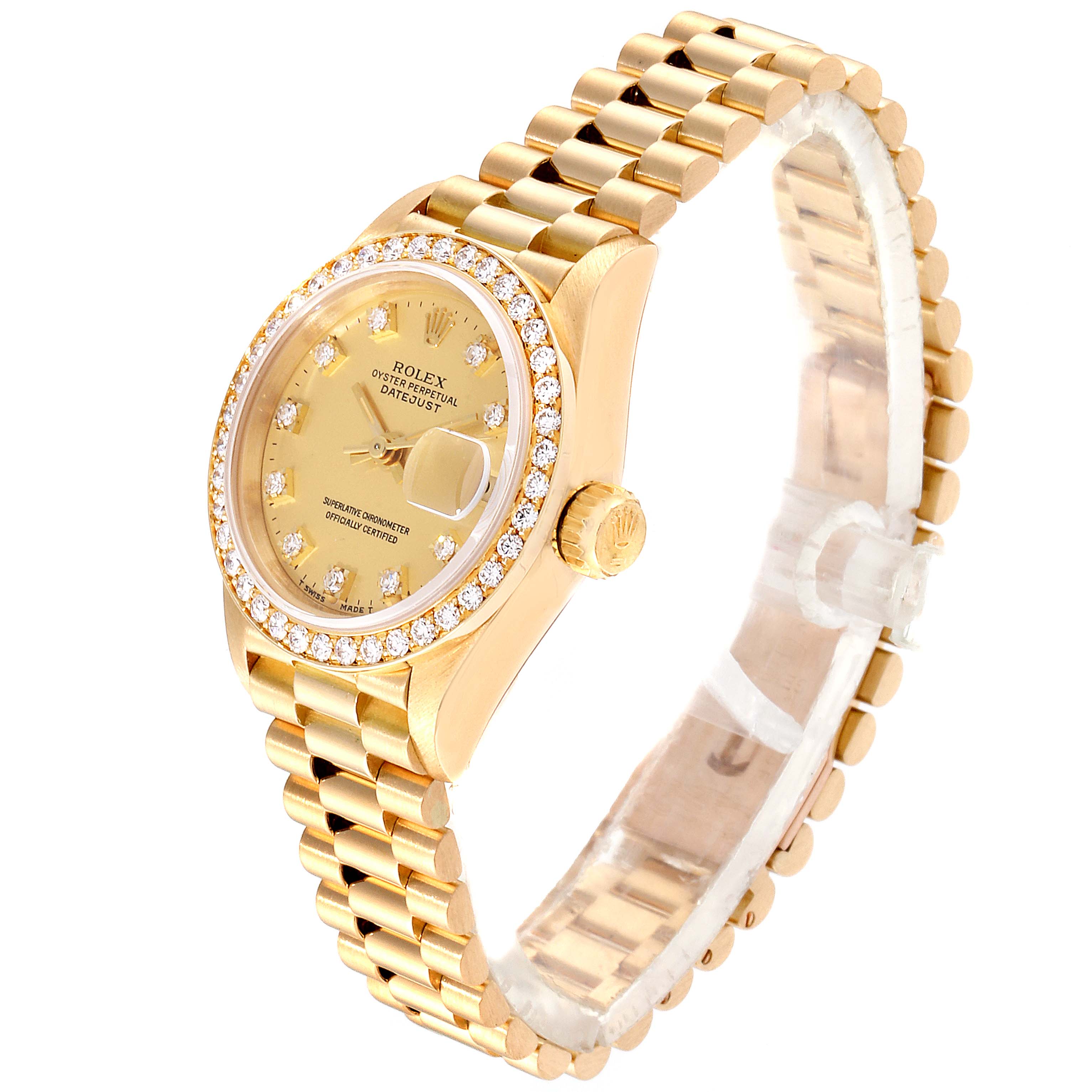 This image shows a side angle of a Rolex President 69138 Women
s Yellow Gold Champagne Dial 69138 Women
s Yellow Gold Champagne Dial model watch, highlighting its gold bracelet, bezel, crown, and dial with diamond accents.