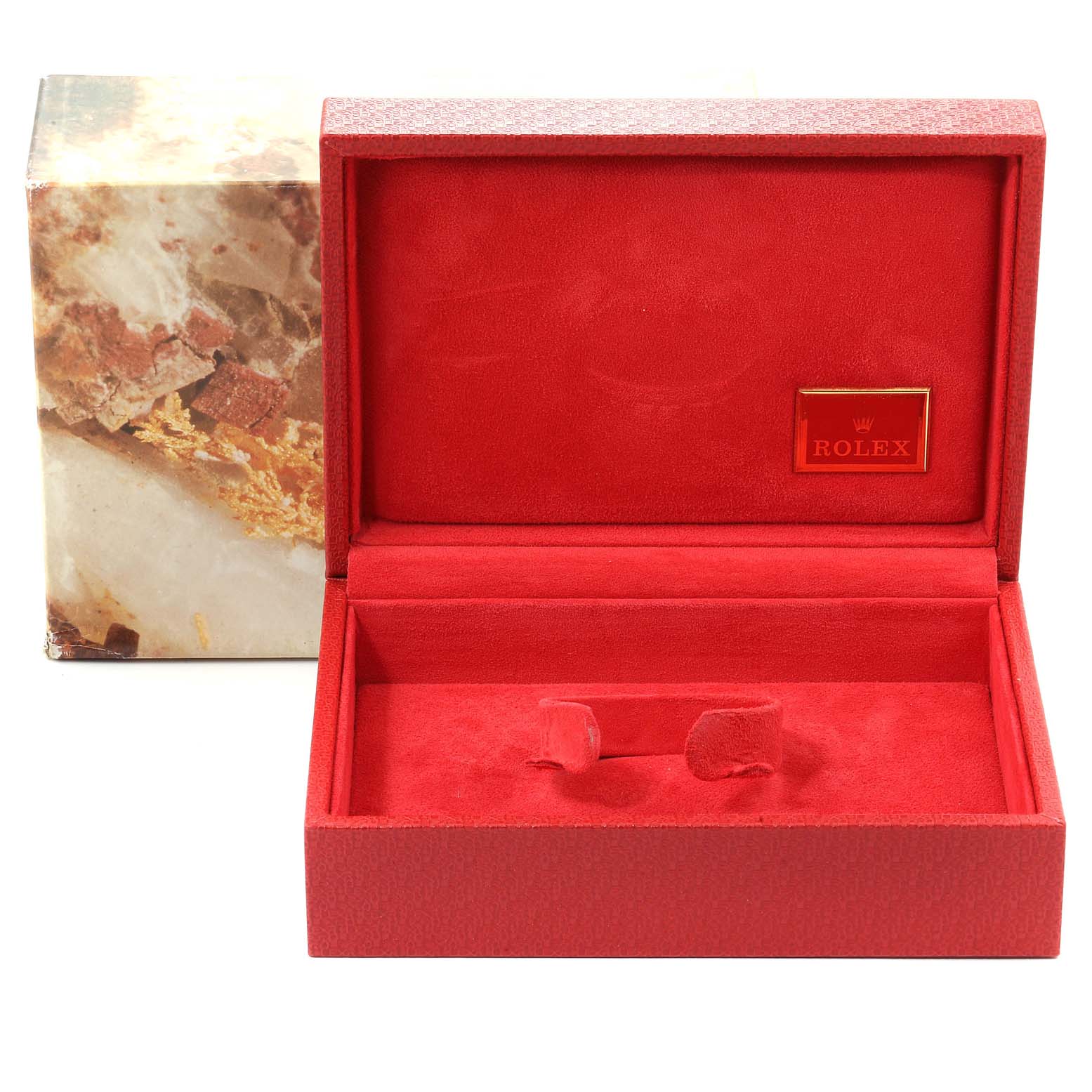 The image shows the open, red velvet case of a Rolex President 69138 Women
s Yellow Gold Champagne Dial 69138 Women
s Yellow Gold Champagne Dial model watch, with its outer box in the background.