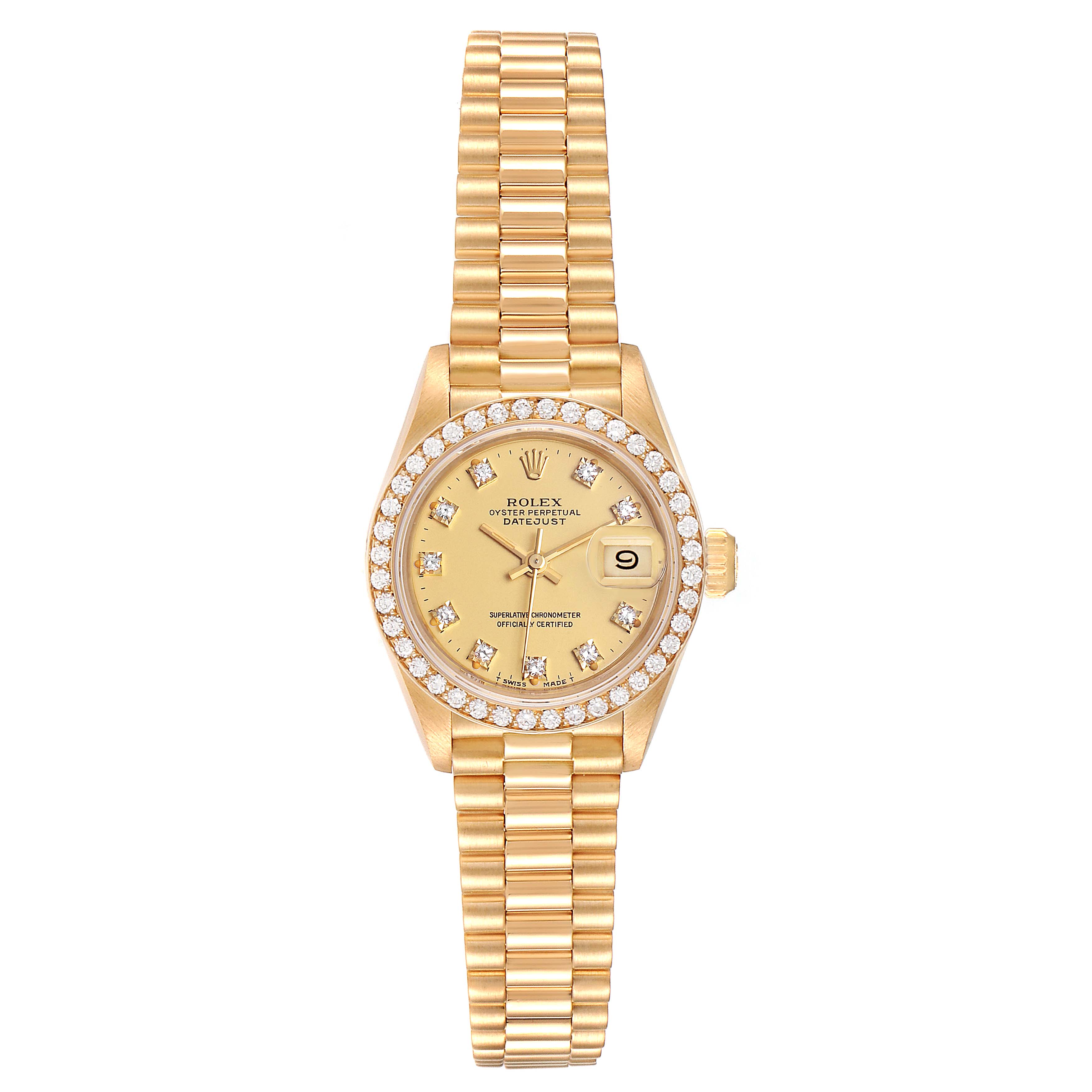 This image shows a front view of a Rolex President 69138 Women
s Yellow Gold Champagne Dial 69138 Women
s Yellow Gold Champagne Dial model watch, displaying the dial, bezel, case, and bracelet.