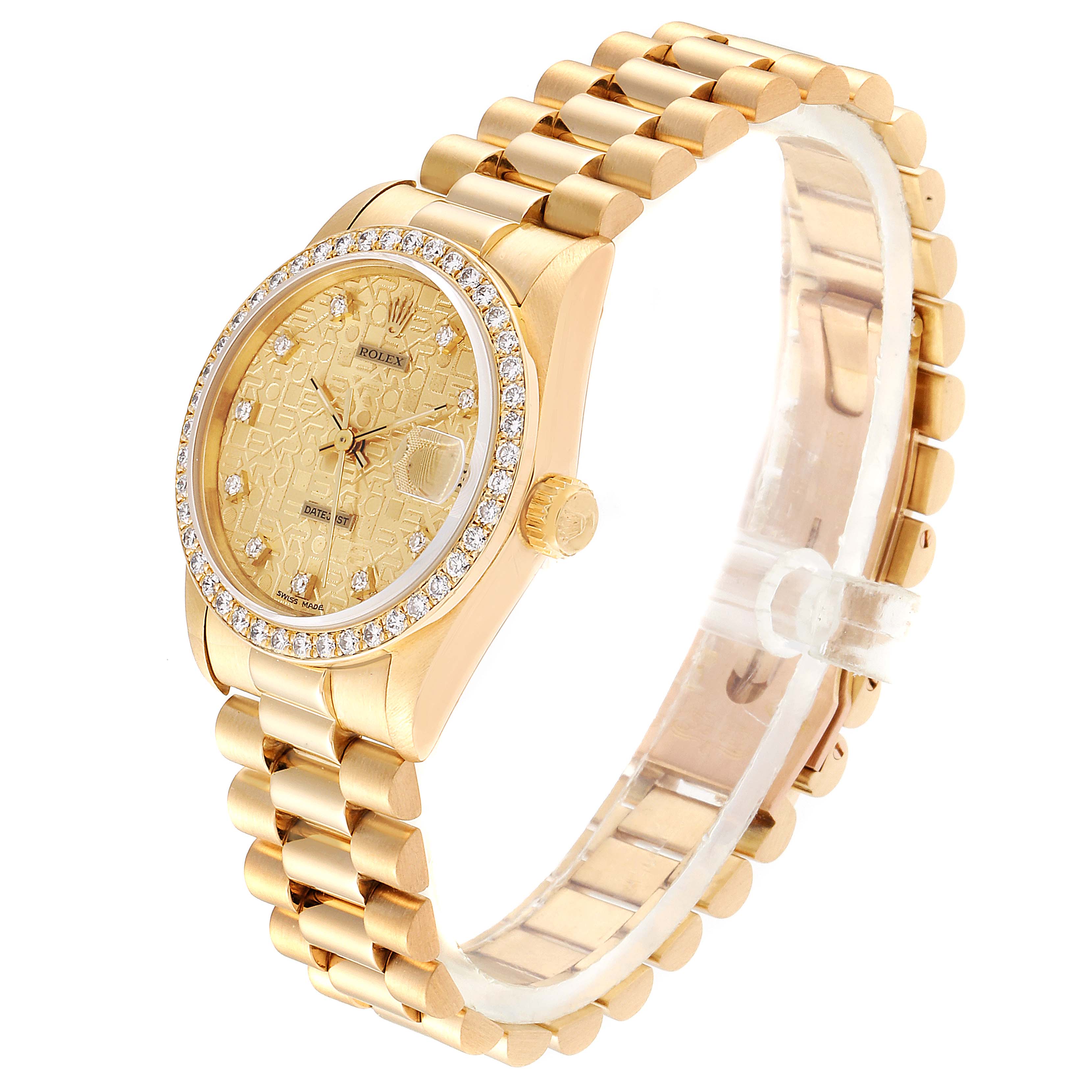 The image shows a side angle of a Rolex President 68288 Women
s Yellow Gold Champagne Dial 68288 Women
s Yellow Gold Champagne Dial model watch, highlighting the case, bezel, crown, and bracelet.
