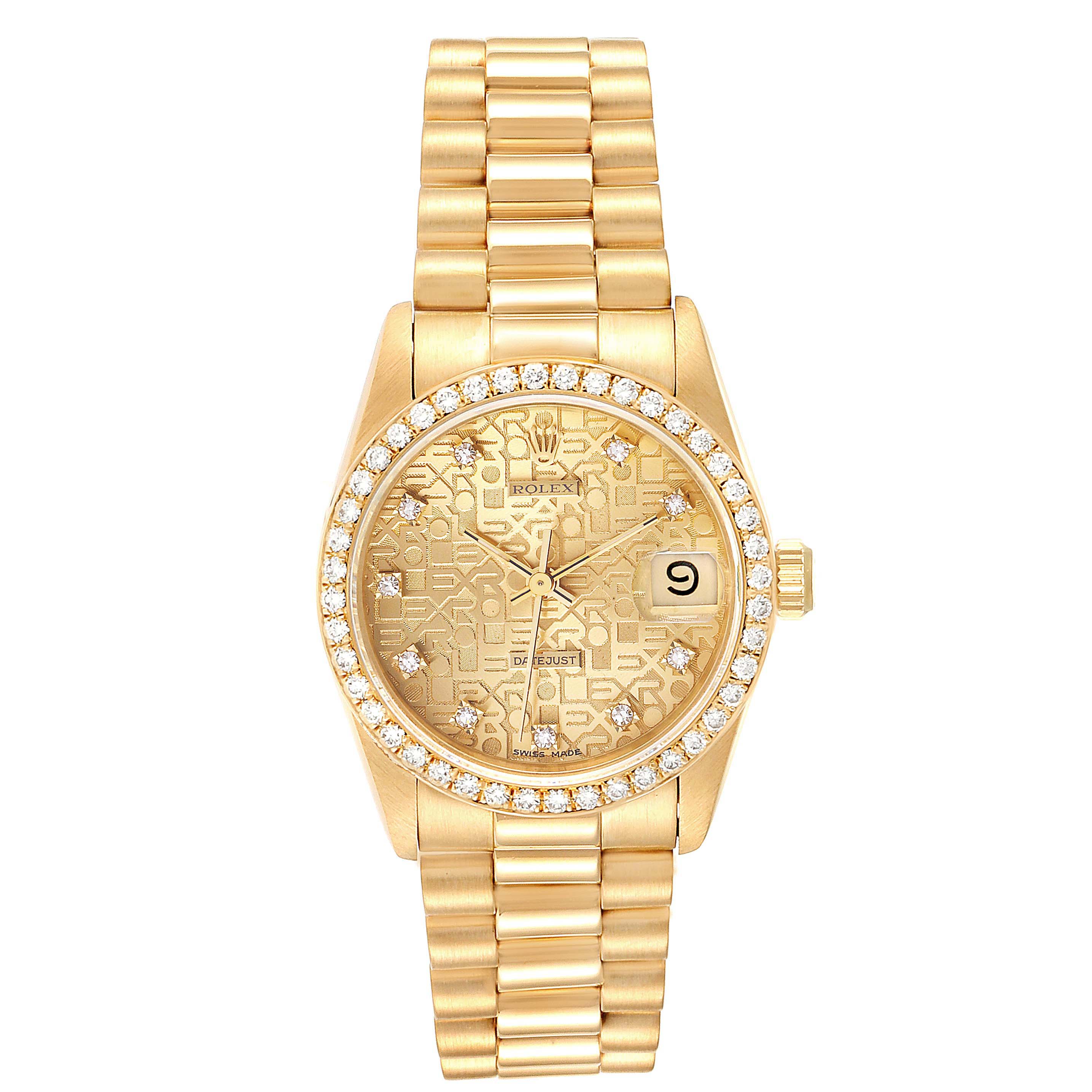 This image shows a full-frontal view of a Rolex President 68288 Women
s Yellow Gold Champagne Dial 68288 Women
s Yellow Gold Champagne Dial model watch, featuring its dial, bezel, and bracelet.