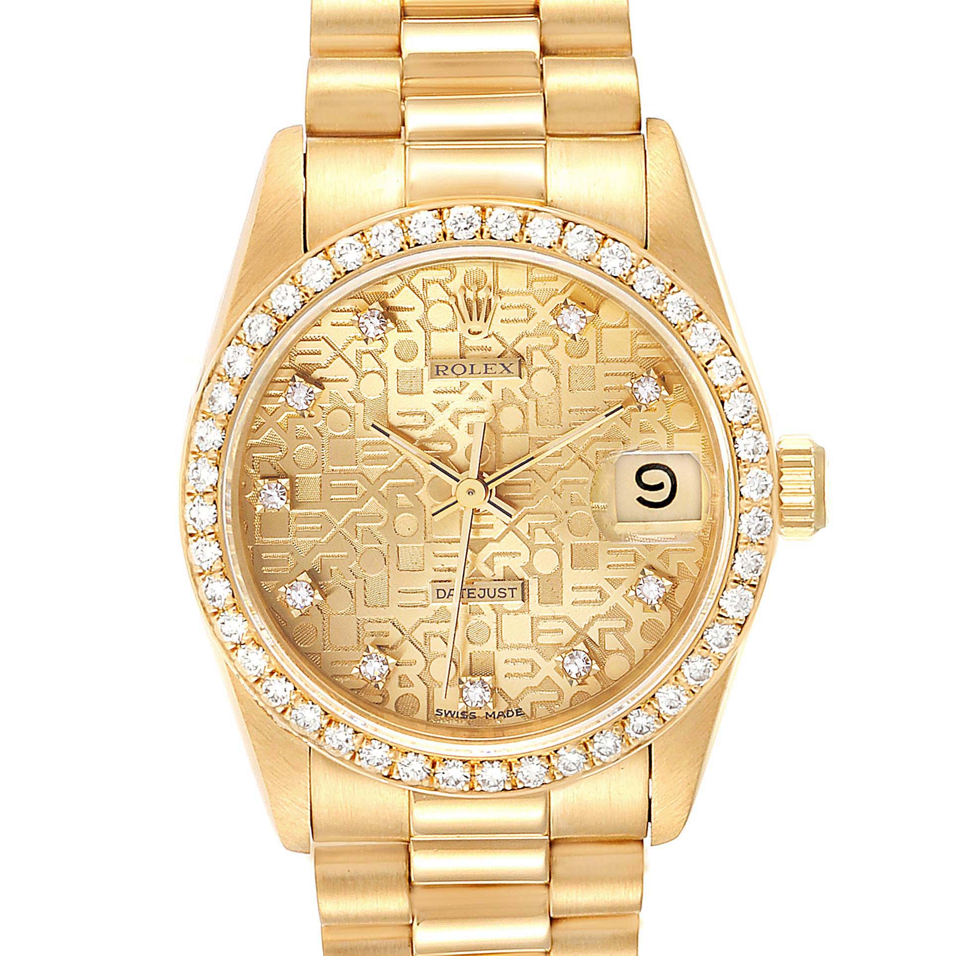 This Rolex President 68288 Women
s Yellow Gold Champagne Dial 68288 Women
s Yellow Gold Champagne Dial model watch is shown from a top-down angle, displaying the face, bezel, and part of the bracelet.