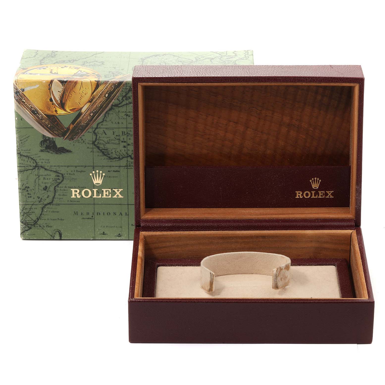 The image shows the Rolex President 68288 Women
s Yellow Gold Champagne Dial 68288 Women
s Yellow Gold Champagne Dial model watch box and its packaging, both at a straight front angle.