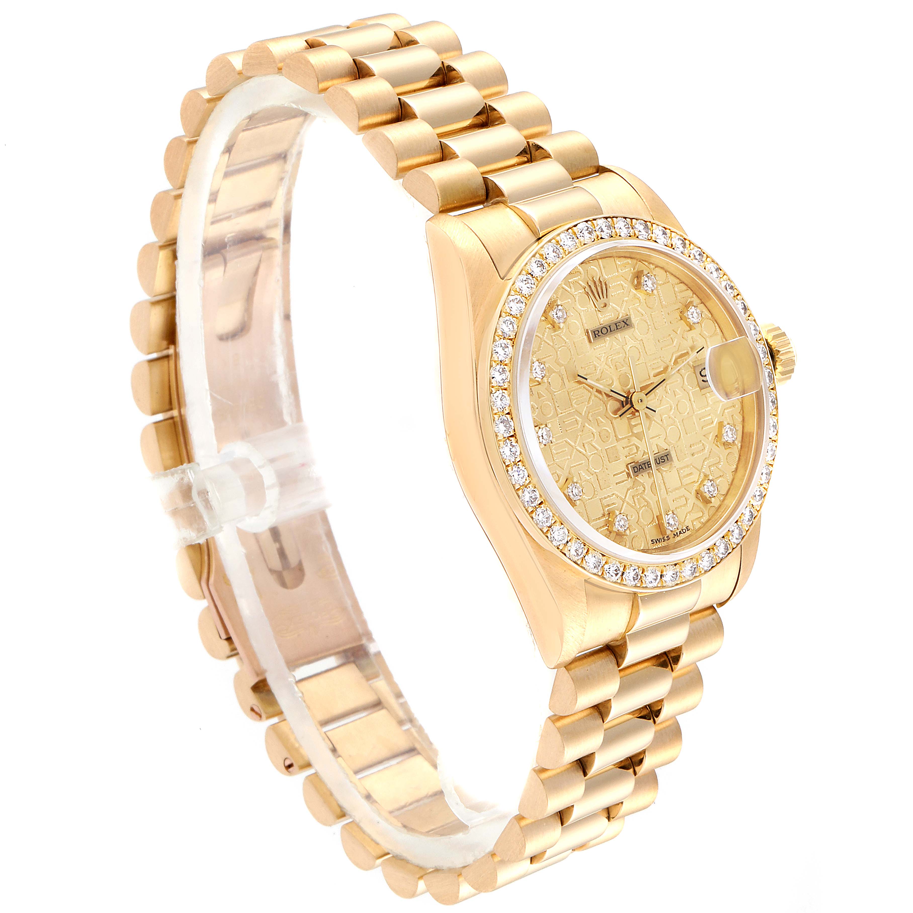 The Rolex President 68288 Women
s Yellow Gold Champagne Dial 68288 Women
s Yellow Gold Champagne Dial model watch is shown from an angled side view, displaying the bracelet, bezel, dial, and crown. 