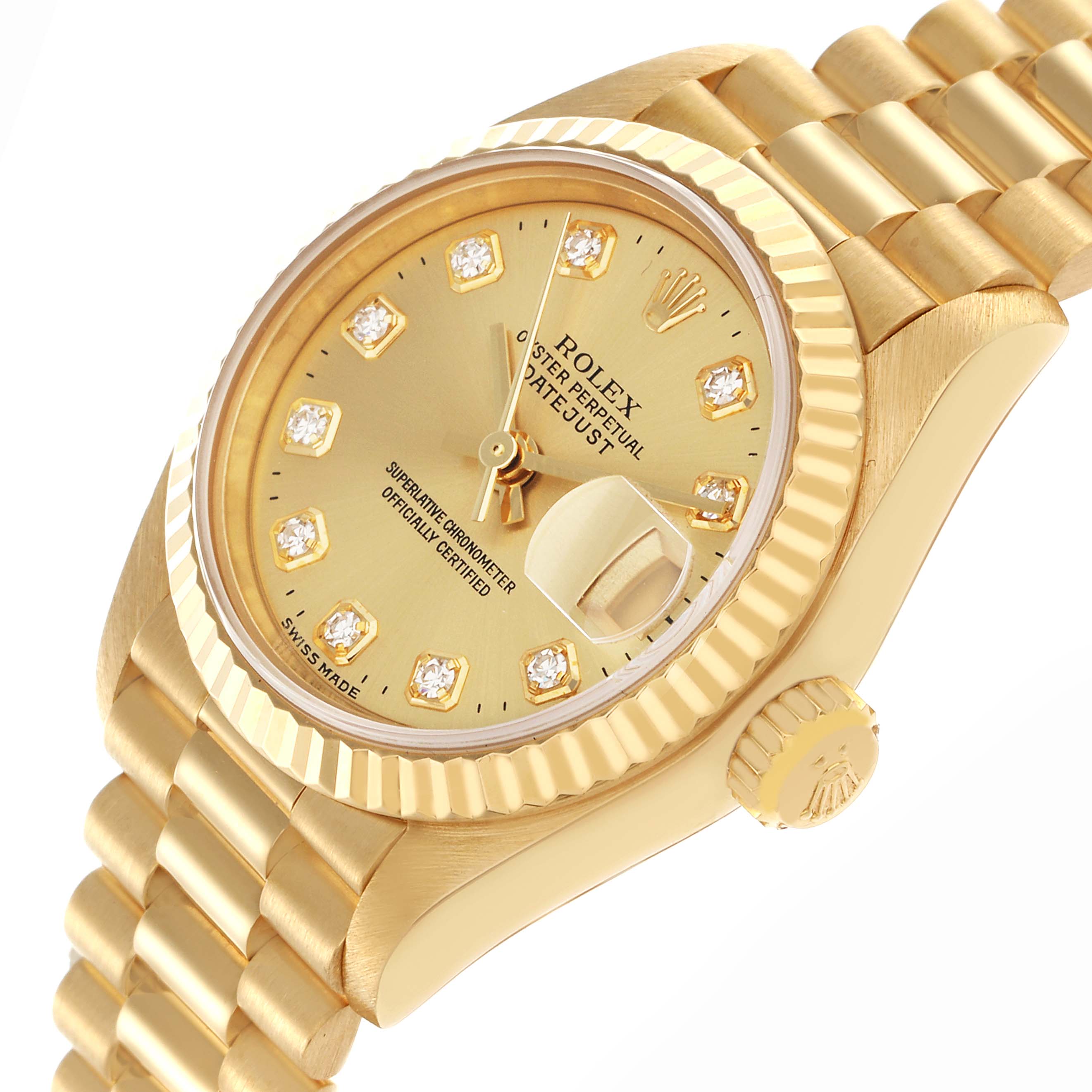 The Rolex President 79178 Women
s Yellow Gold Champagne Dial 79178 Women
s Yellow Gold Champagne Dial model watch is shown at an angled view highlighting the dial, bezel, crown, and bracelet.
