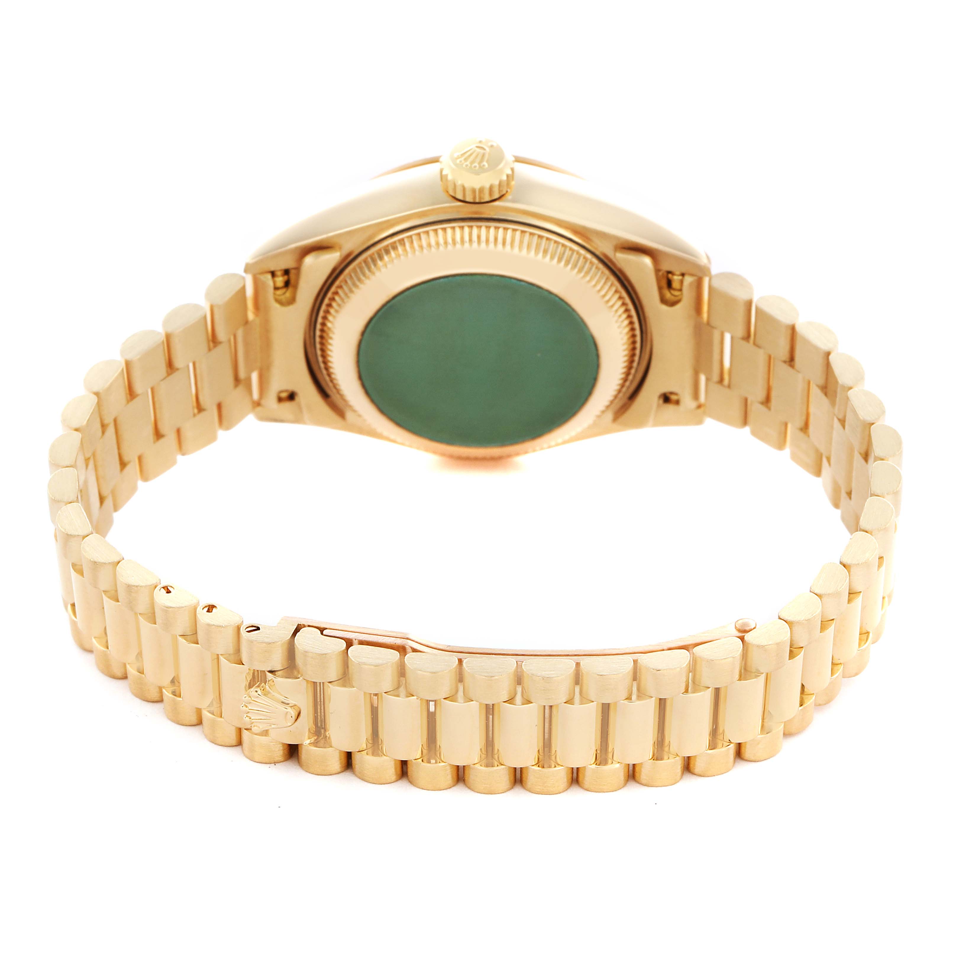 The image shows the back view of a Rolex President 79178 Women
s Yellow Gold Champagne Dial 79178 Women
s Yellow Gold Champagne Dial model, highlighting the bracelet and case back.