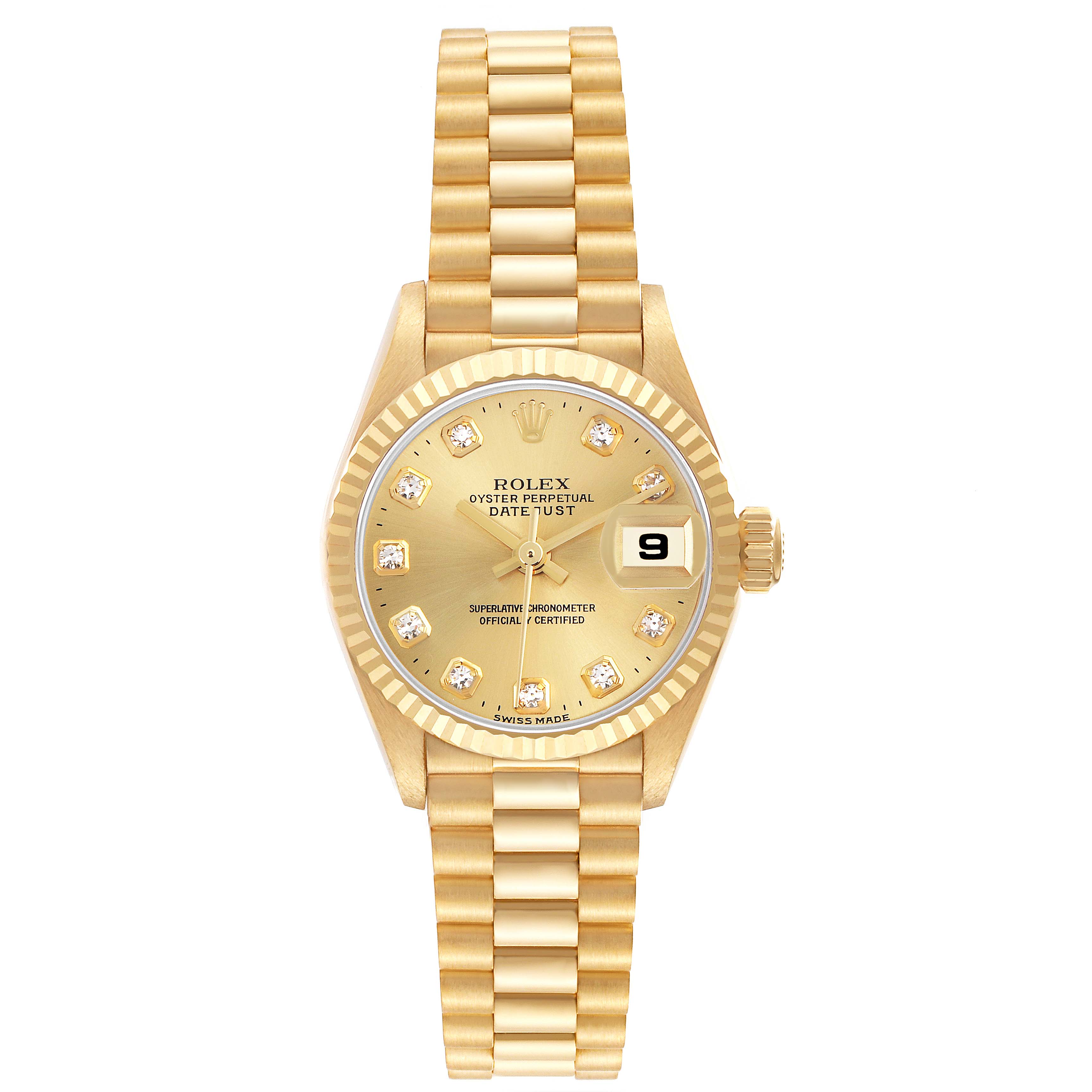 The Rolex President 79178 Women
s Yellow Gold Champagne Dial 79178 Women
s Yellow Gold Champagne Dial model is shown from a top-down angle, displaying its gold bracelet, diamond hour markers, and date window.