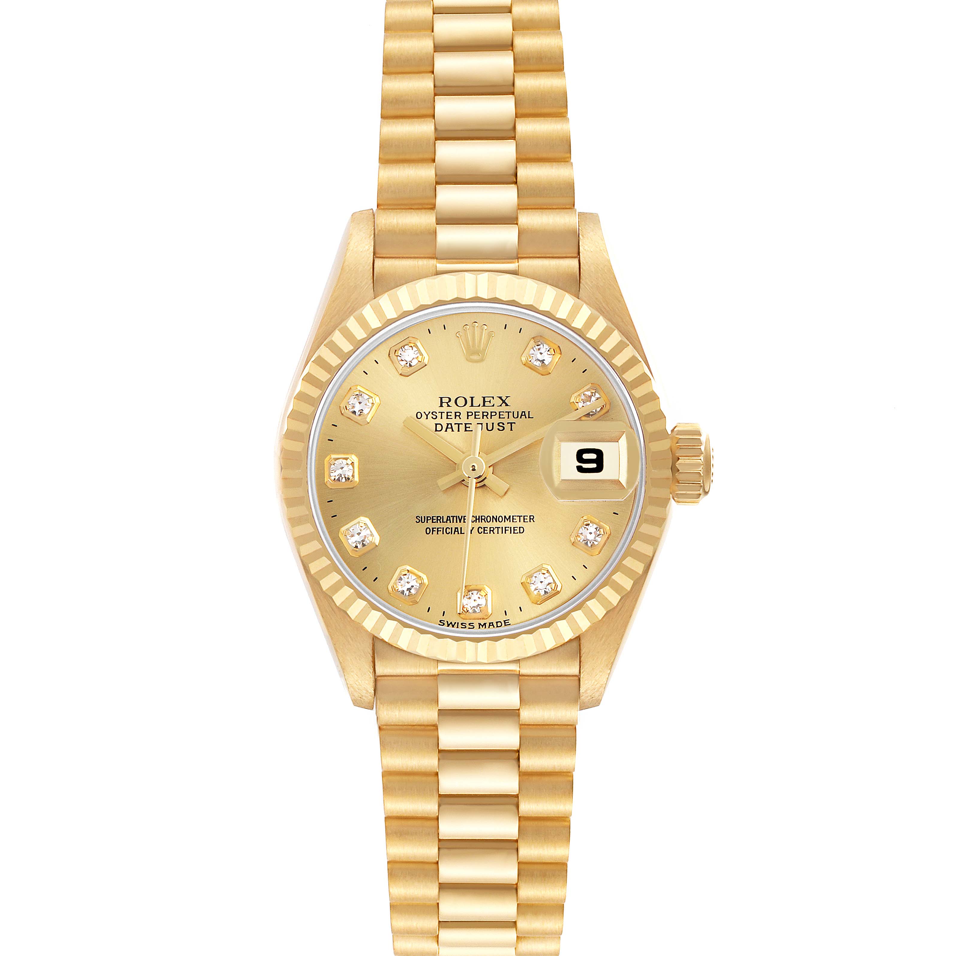 The Rolex President 79178 Women
s Yellow Gold Champagne Dial 79178 Women
s Yellow Gold Champagne Dial model watch is shown from a top-down angle, displaying the face, bracelet, and crown.