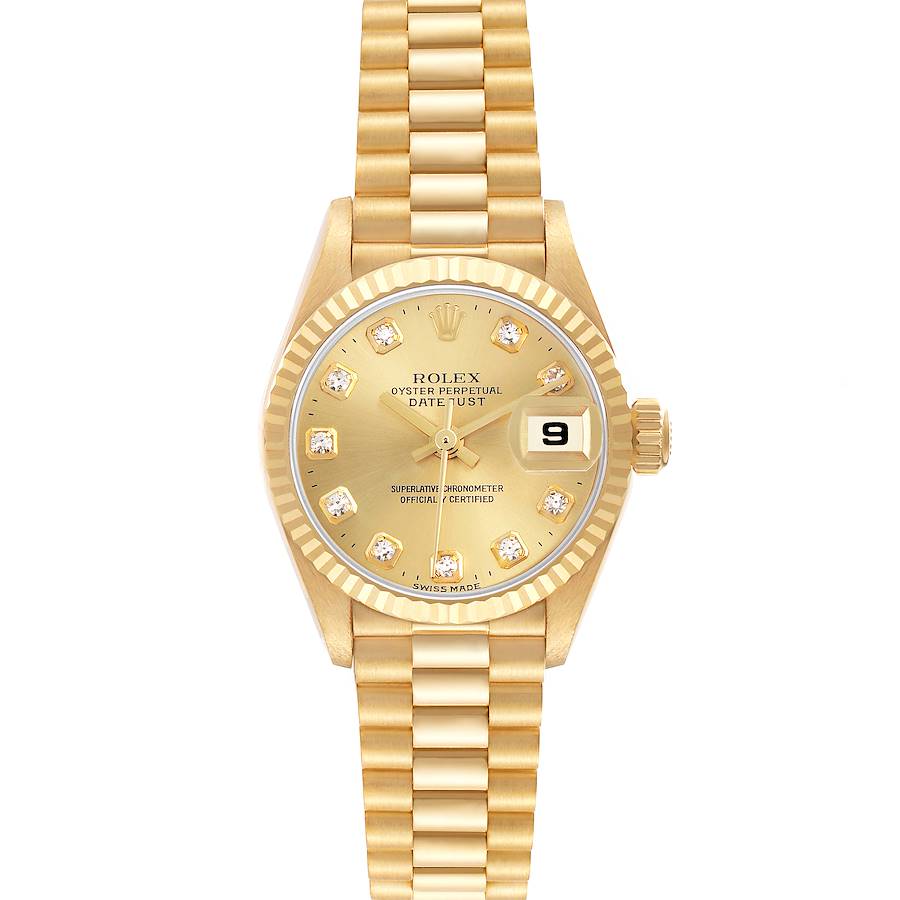 The Rolex President model watch is shown from a top-down angle, displaying the face, bracelet, and crown.