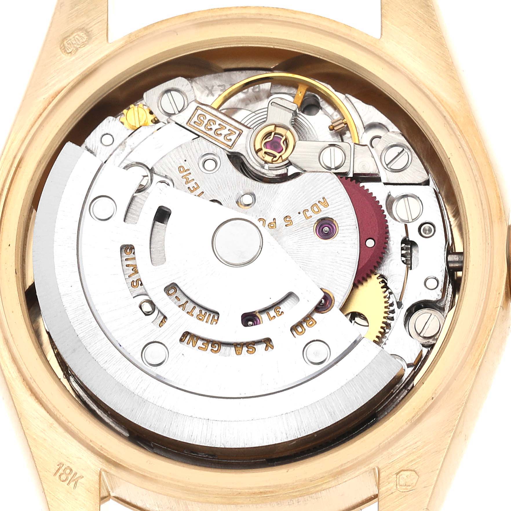 The image shows the movement of a Rolex President 79178 Women
s Yellow Gold Champagne Dial 79178 Women
s Yellow Gold Champagne Dial model watch from the back, highlighting the intricate mechanical components.