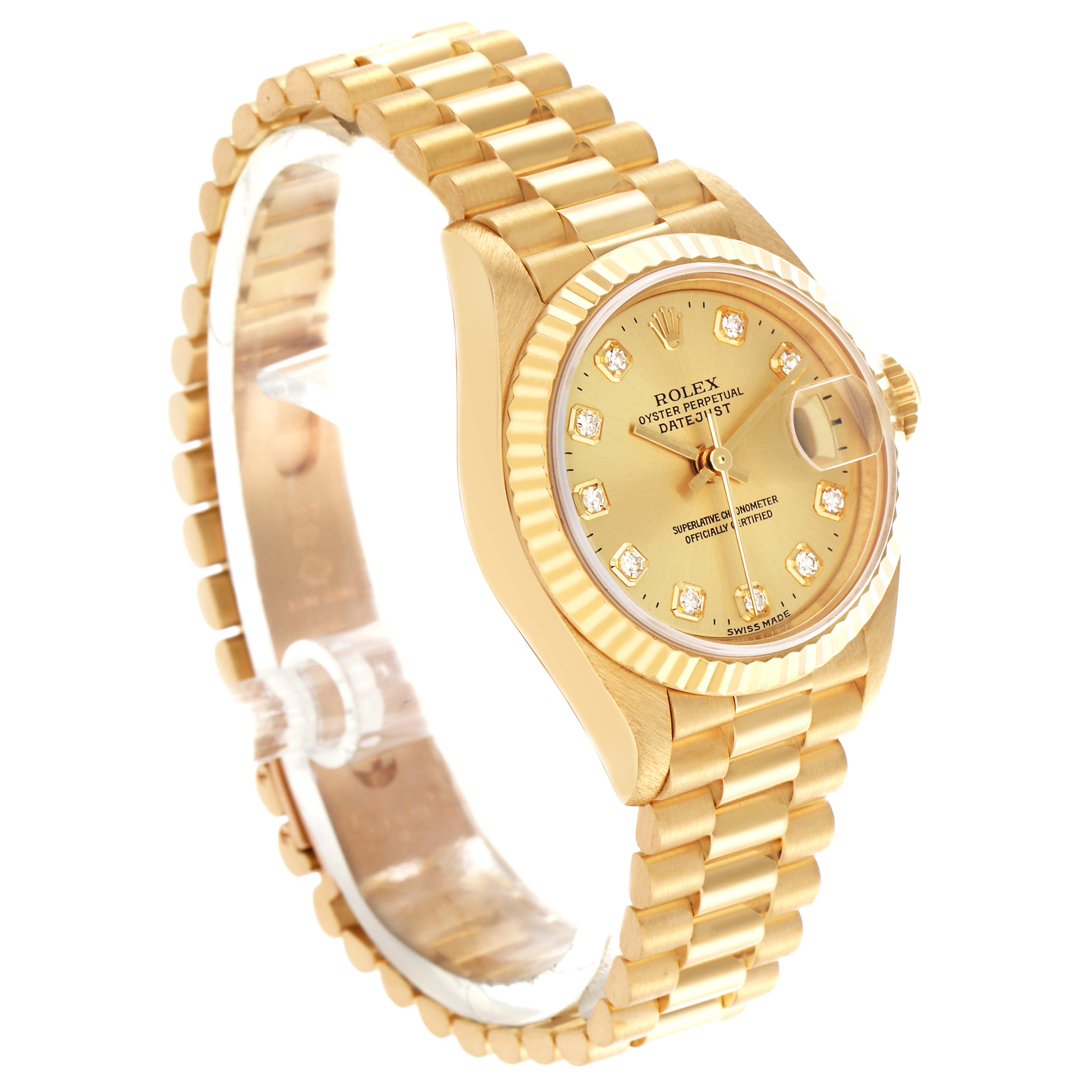 The Rolex President 79178 Women
s Yellow Gold Champagne Dial 79178 Women
s Yellow Gold Champagne Dial model is shown at a 3/4 angle, highlighting the gold bracelet, diamond hour markers, and fluted bezel.