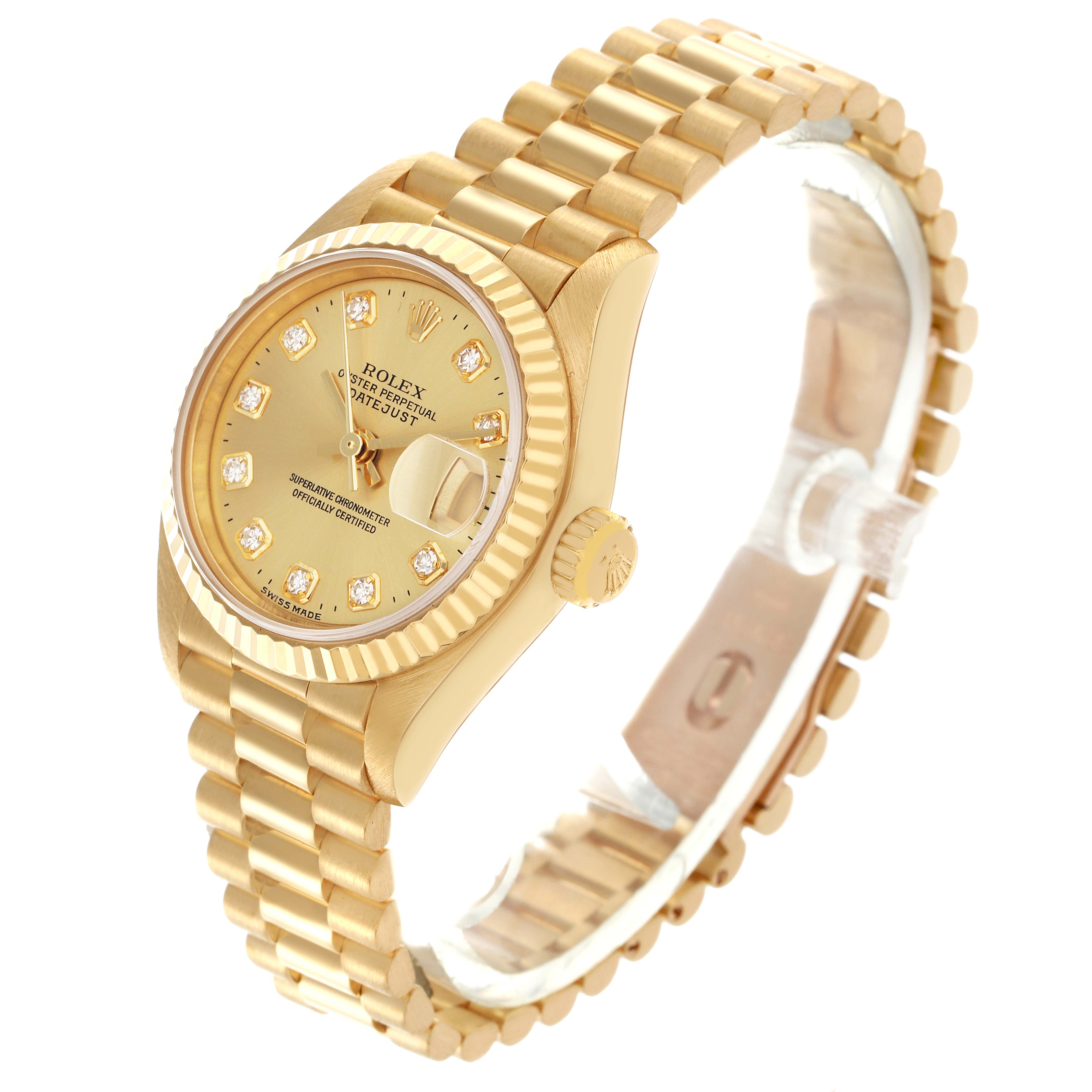 The Rolex President 79178 Women
s Yellow Gold Champagne Dial 79178 Women
s Yellow Gold Champagne Dial model watch is shown at a slight angle, highlighting its gold bracelet, bezel, and diamond-encrusted dial.