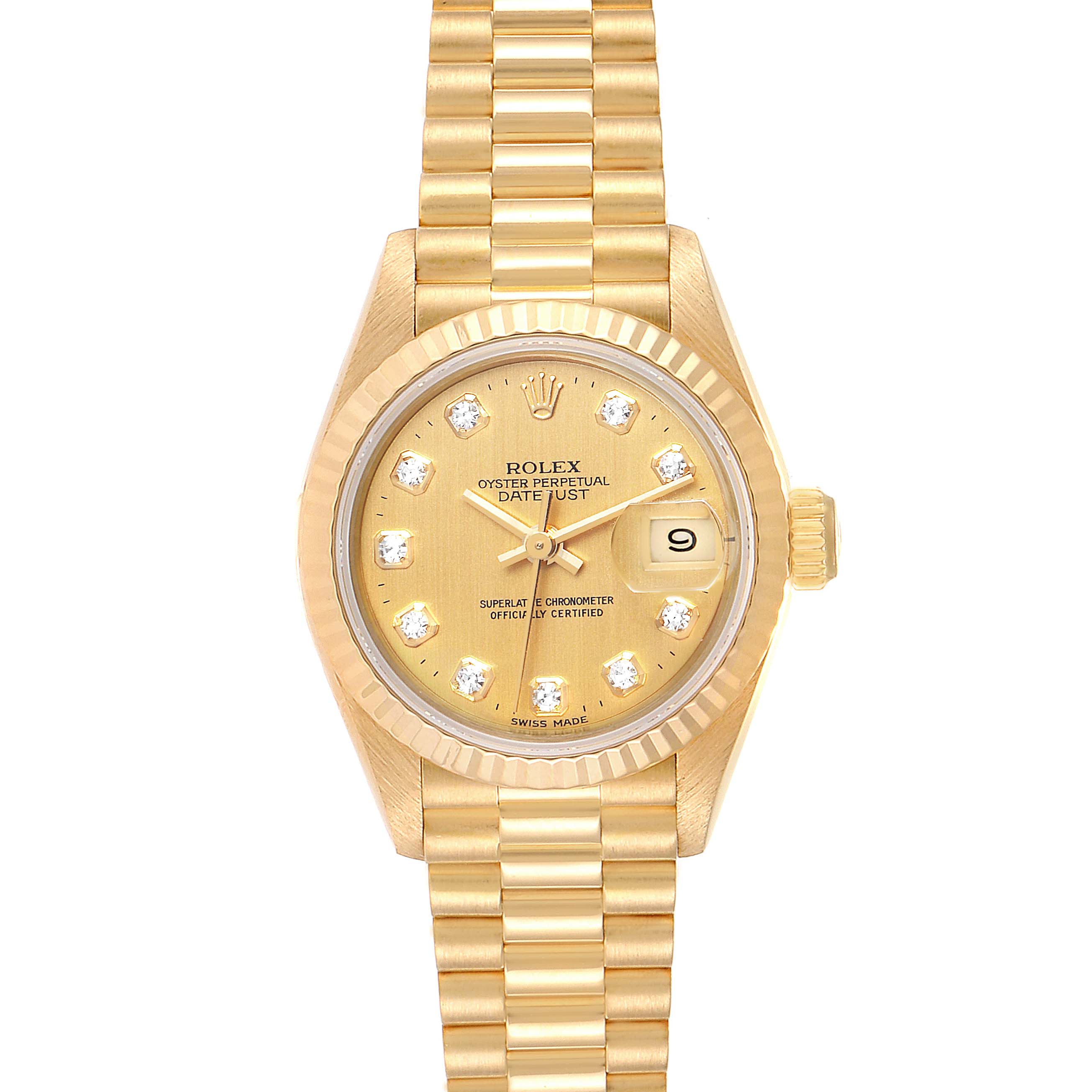 This image shows the front view of a Rolex President 69178 Women
s Yellow Gold Champagne Dial 69178 Women
s Yellow Gold Champagne Dial model watch, displaying its dial, bracelet, and date feature.