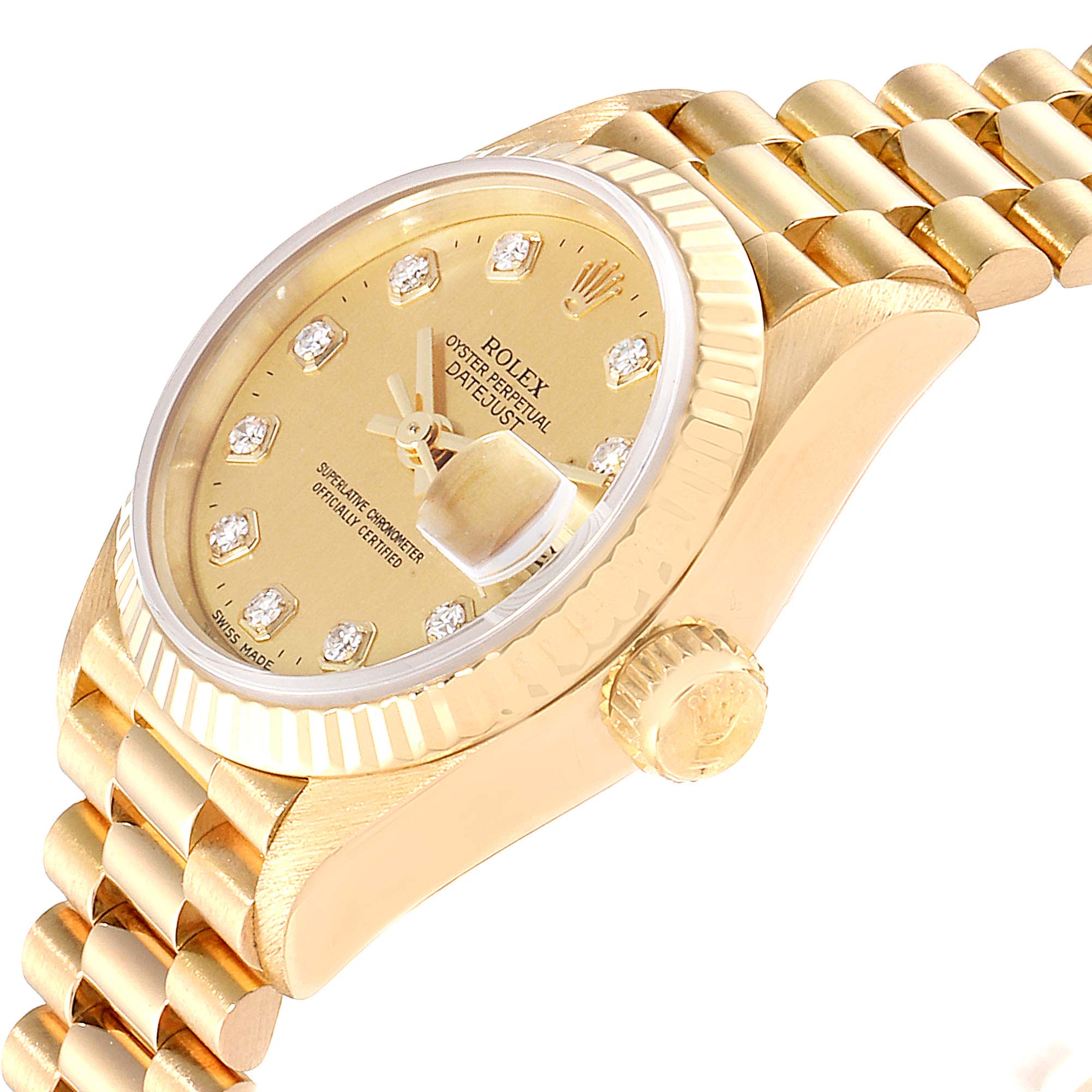 This image shows a close-up side angle of the Rolex President 69178 Women
s Yellow Gold Champagne Dial 69178 Women
s Yellow Gold Champagne Dial model, highlighting the dial, bezel, crown, and bracelet.