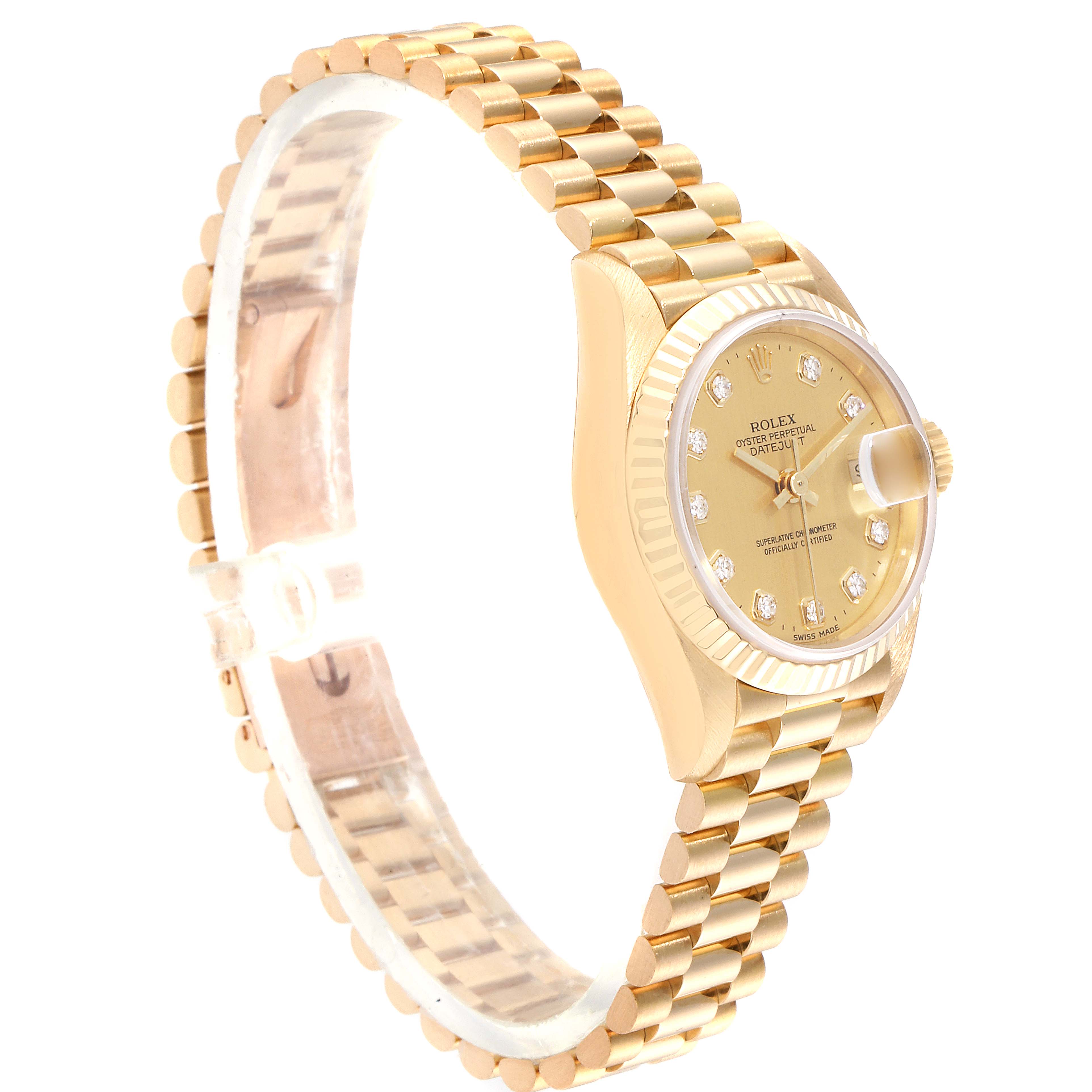 The Rolex President 69178 Women
s Yellow Gold Champagne Dial 69178 Women
s Yellow Gold Champagne Dial model watch is shown at a side angle featuring the band, case, dial, bezel, and crown.