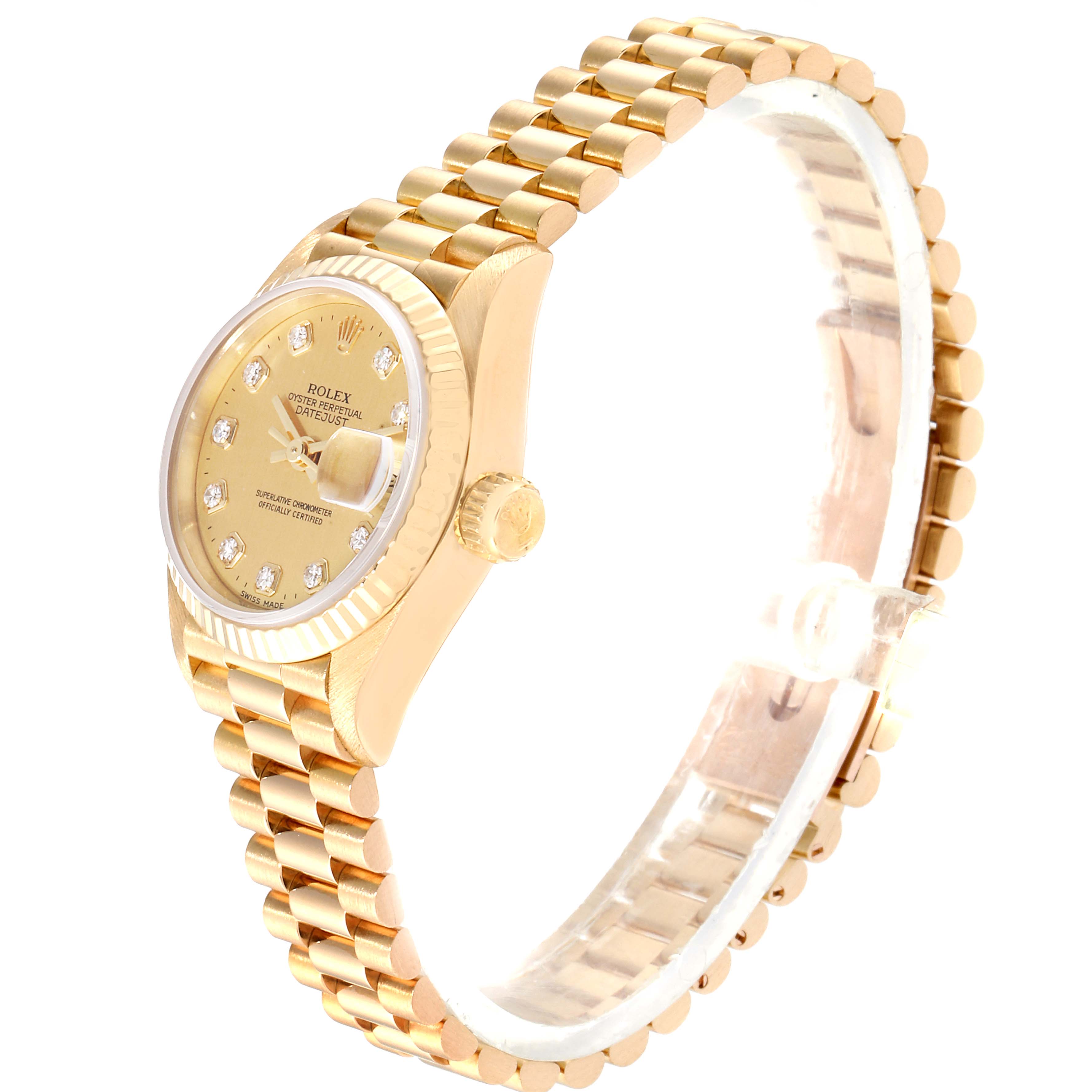 The photo shows a side view of a Rolex President 69178 Women
s Yellow Gold Champagne Dial 69178 Women
s Yellow Gold Champagne Dial model watch, highlighting the gold bracelet, crown, and diamond hour markers.