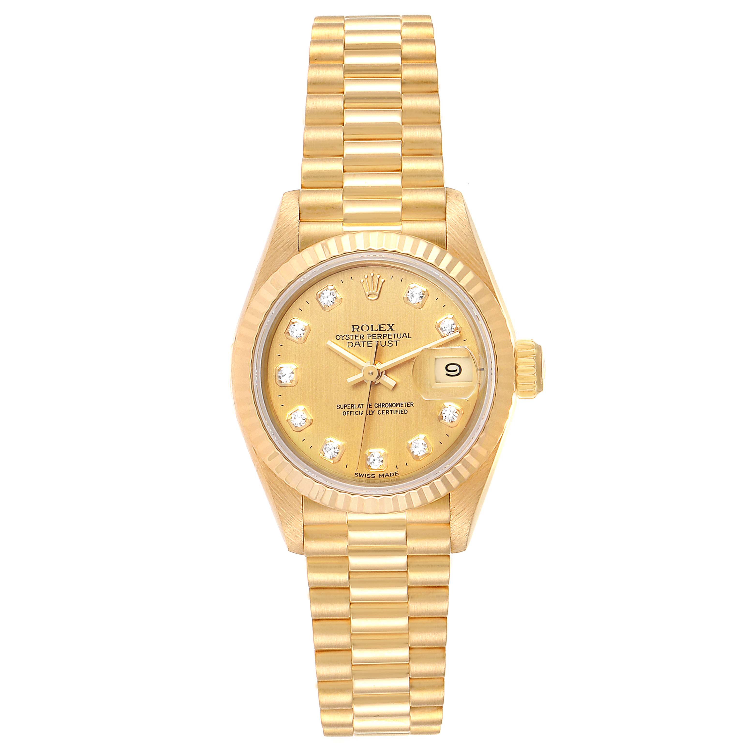 The image shows a Rolex President 69178 Women
s Yellow Gold Champagne Dial 69178 Women
s Yellow Gold Champagne Dial model watch from a front angle, displaying its gold band, dial with diamond hour markers, and date window.