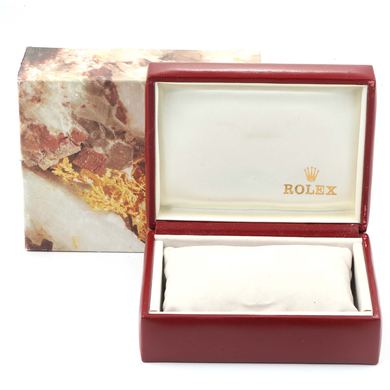 The image shows a Rolex President 69178 Women
s Yellow Gold Champagne Dial 69178 Women
s Yellow Gold Champagne Dial model watch box with a pillow, and the outer cardboard box in the background.