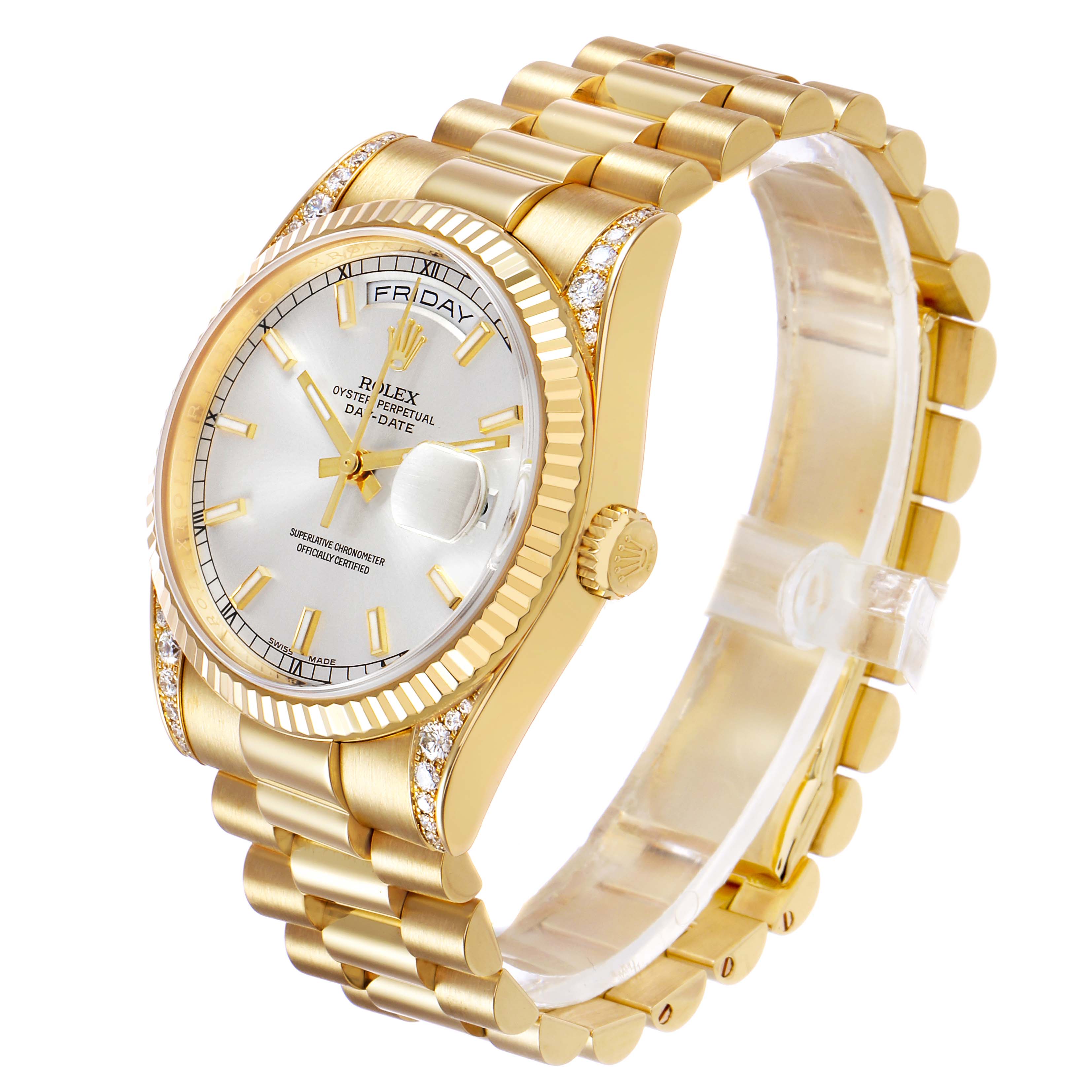The Rolex President 118388 Men's Yellow Gold Silver Dial model is shown at a slight angle, highlighting the bracelet, case, dial, and diamond accents.