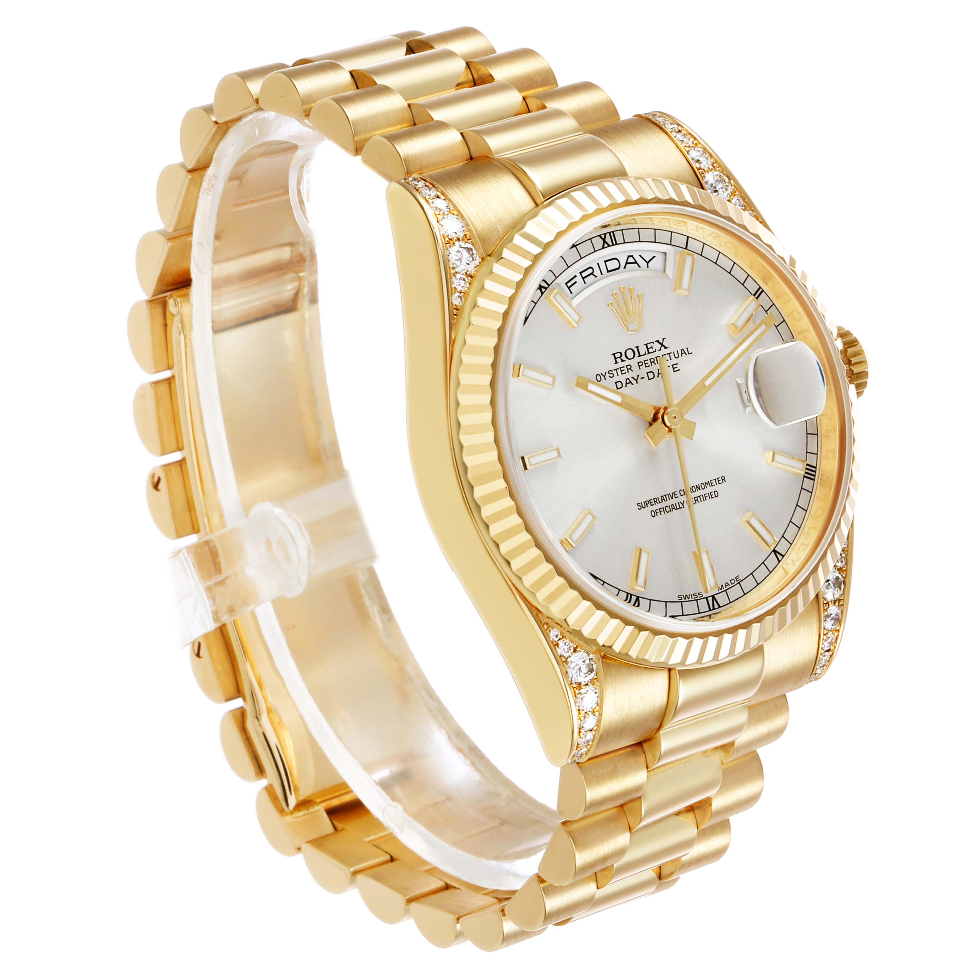 The Rolex President 118388 Men's Yellow Gold Silver Dial watch is shown at a three-quarter angle, highlighting the face, bezel, and bracelet.