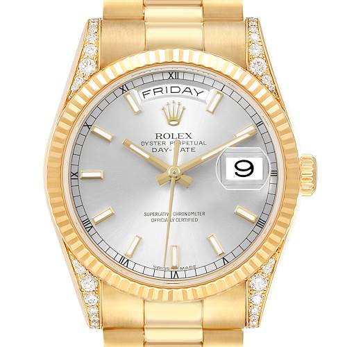 The Rolex President 118388 Men's Yellow Gold Silver Dial model is shown from the front, featuring its gold case, fluted bezel, bracelet, day-date display, and diamond accents.