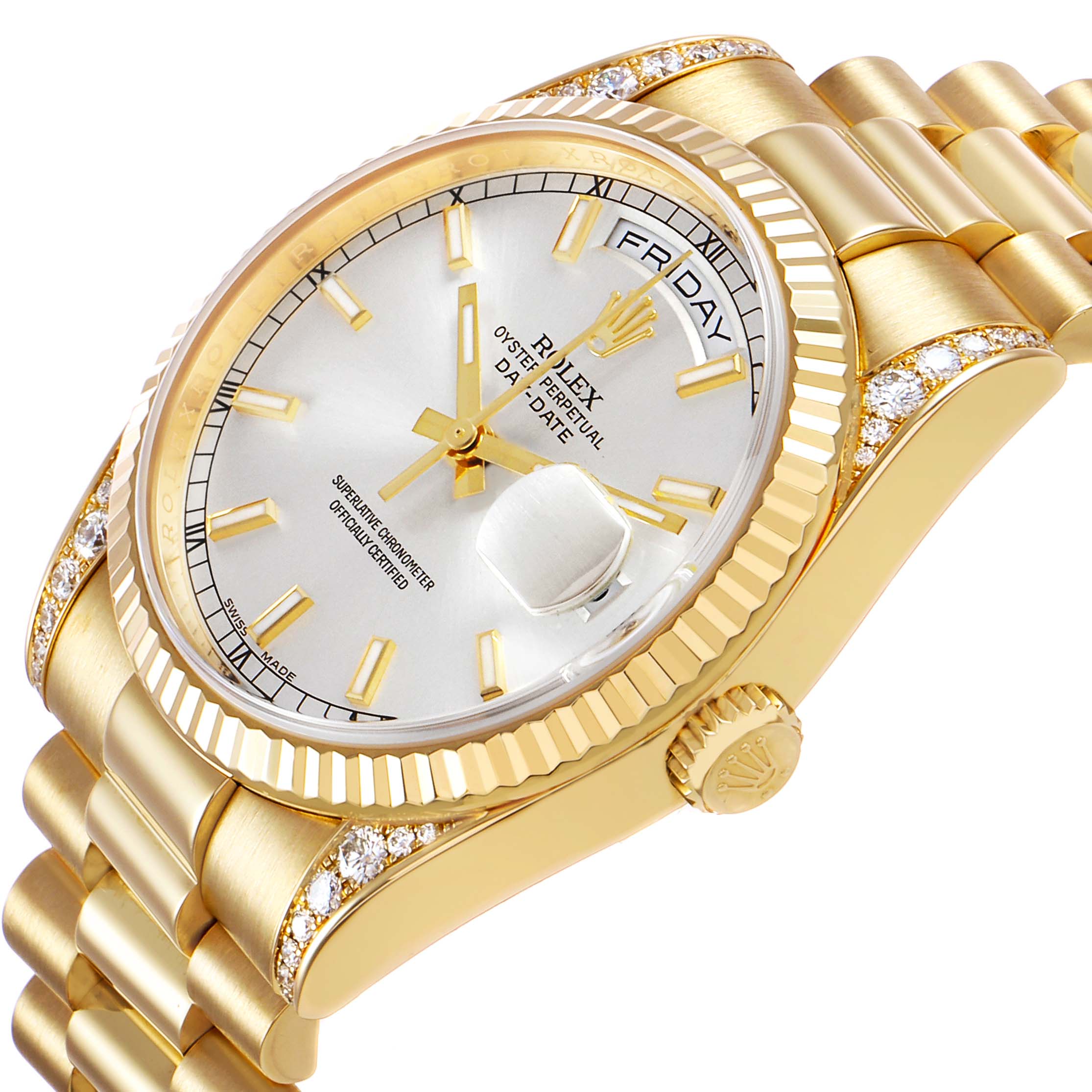 The Rolex President 118388 Men's Yellow Gold Silver Dial watch is shown from an angled side view, highlighting its gold fluted bezel, diamond-accented lugs, and bracelet.