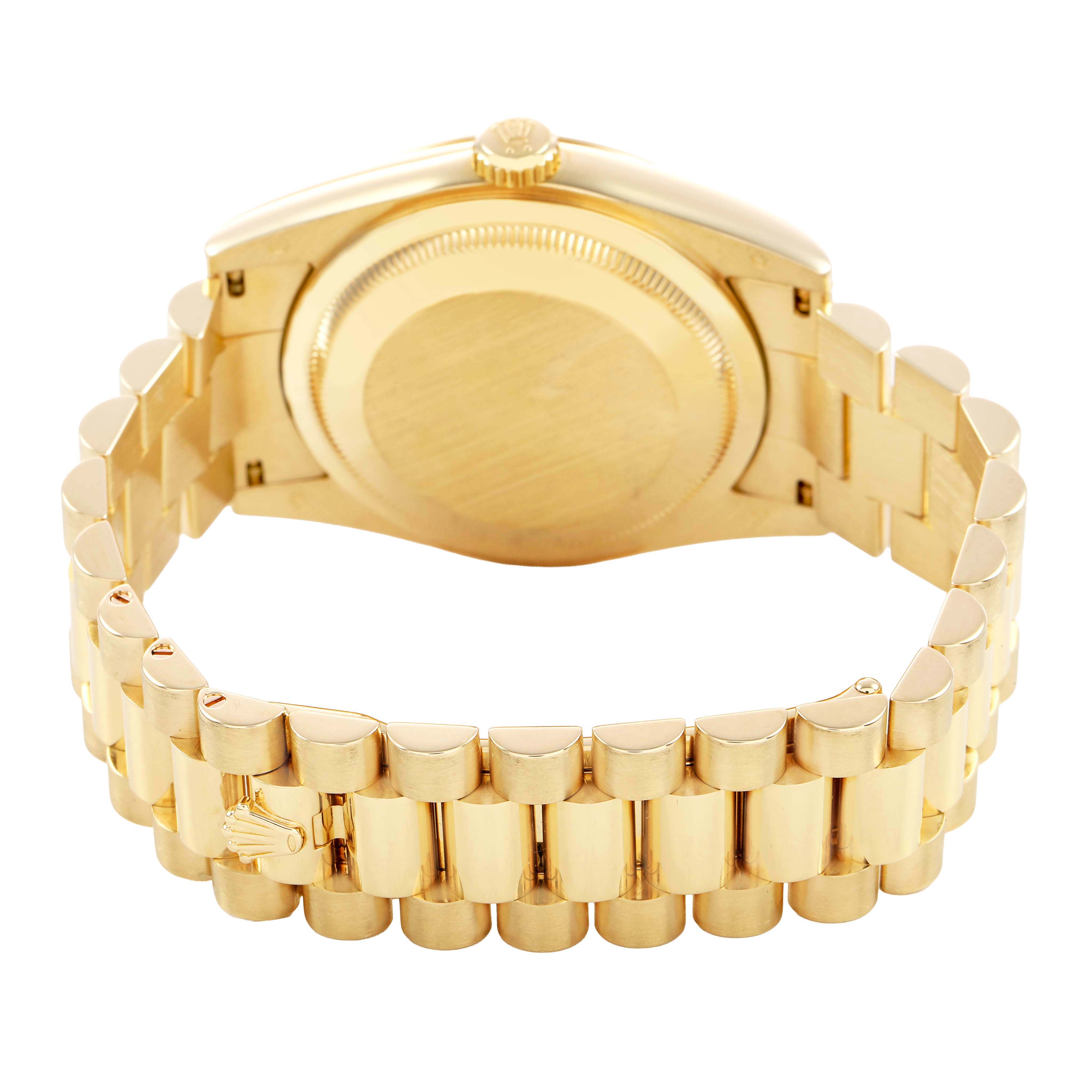 The Rolex President 118388 Men's Yellow Gold Silver Dial model is shown from the back, highlighting the bracelet and case back.
