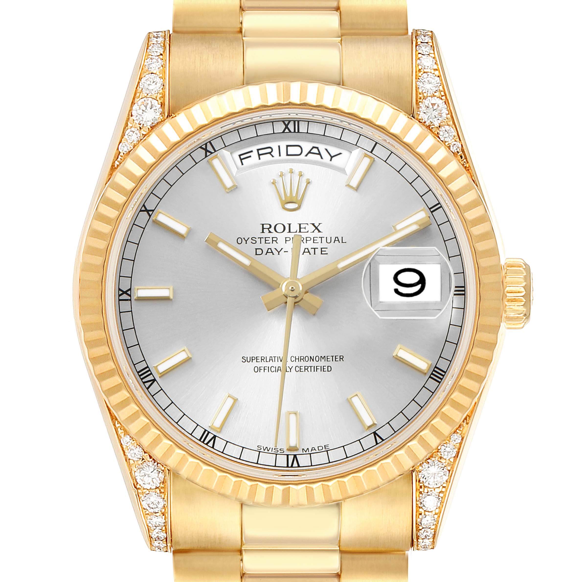 The Rolex President 118388 Men's Yellow Gold Silver Dial model is shown from a top view, highlighting the gold case, silver dial, day-date features, and diamond details.