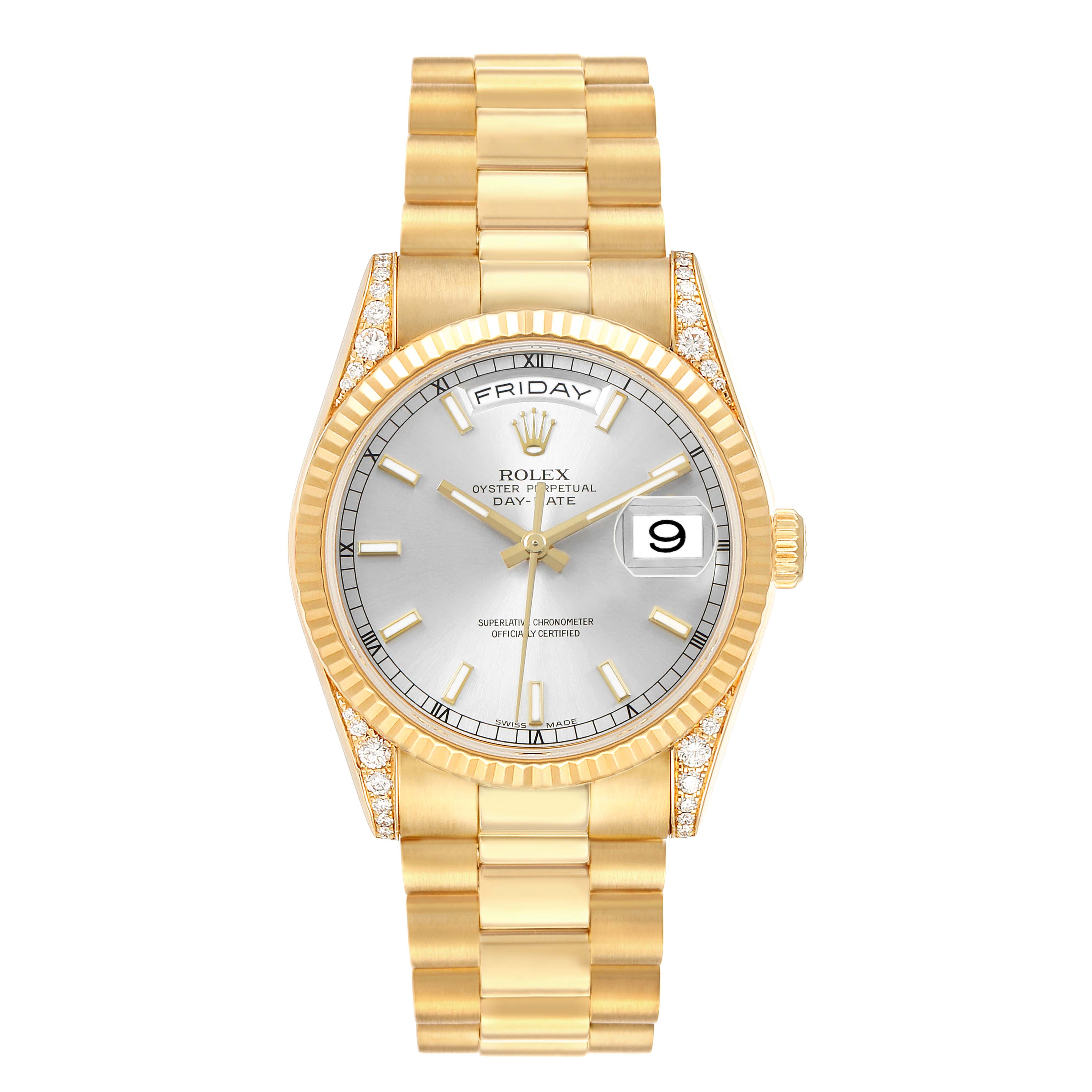 The Rolex President 118388 Men's Yellow Gold Silver Dial watch is shown from a top view, featuring its gold bracelet, silver dial, day-date display, and fluted bezel.
