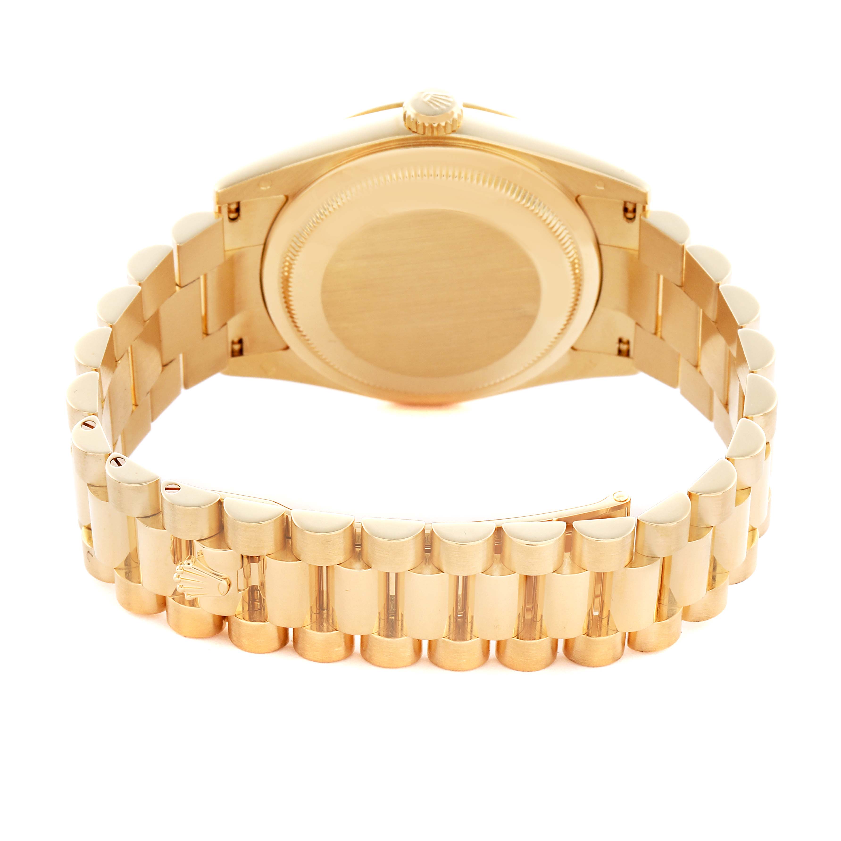 The image shows the Rolex President 118238 Men
s Yellow Gold White Dial 118238 Men
s Yellow Gold White Dial model from a rear angle, highlighting its gold bracelet and closed case back.